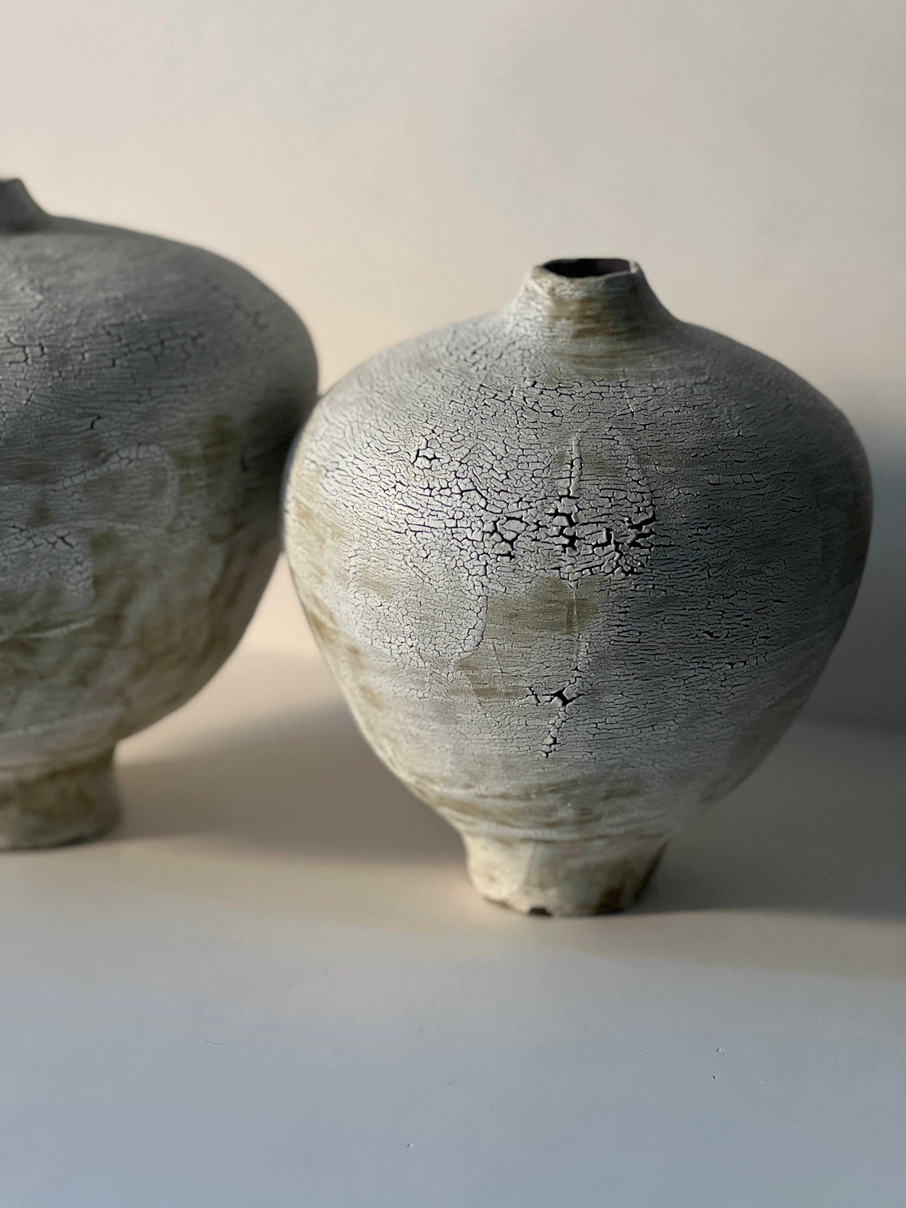 Hand-Crafted Handmade Coil built Black Clay Vase w White Crawling Texture For Sale