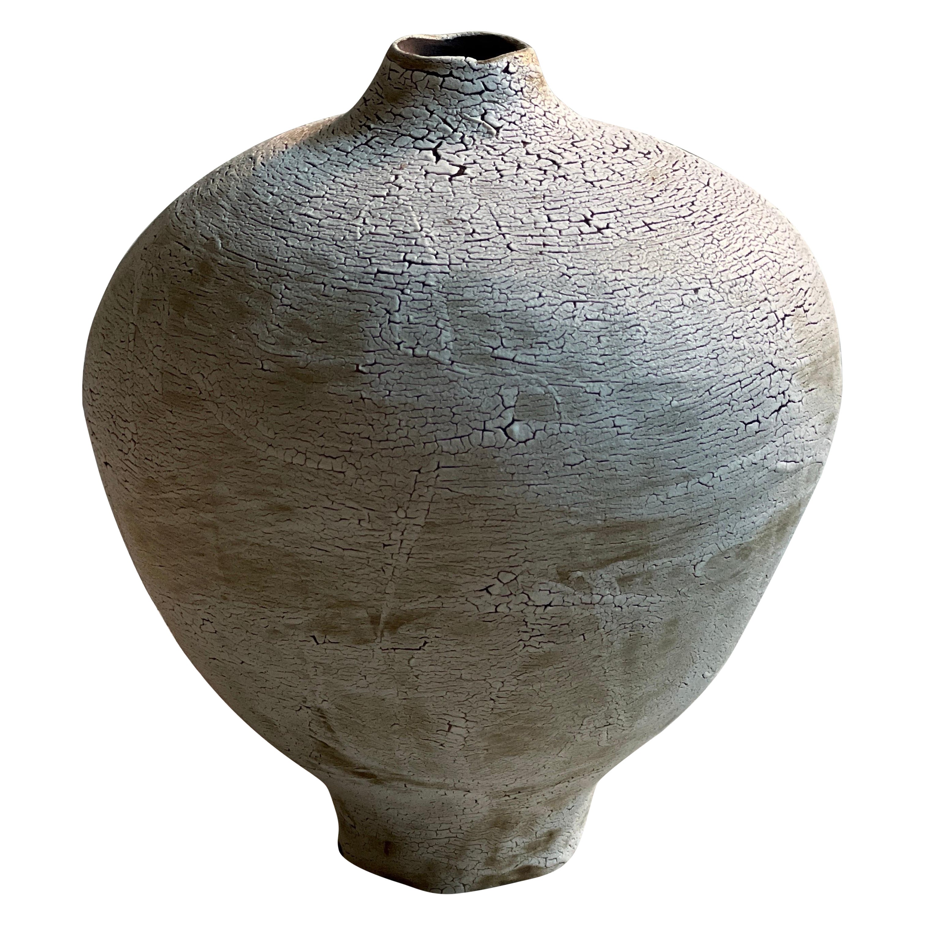 Handmade Coil built Black Clay Vase w White Crawling Texture