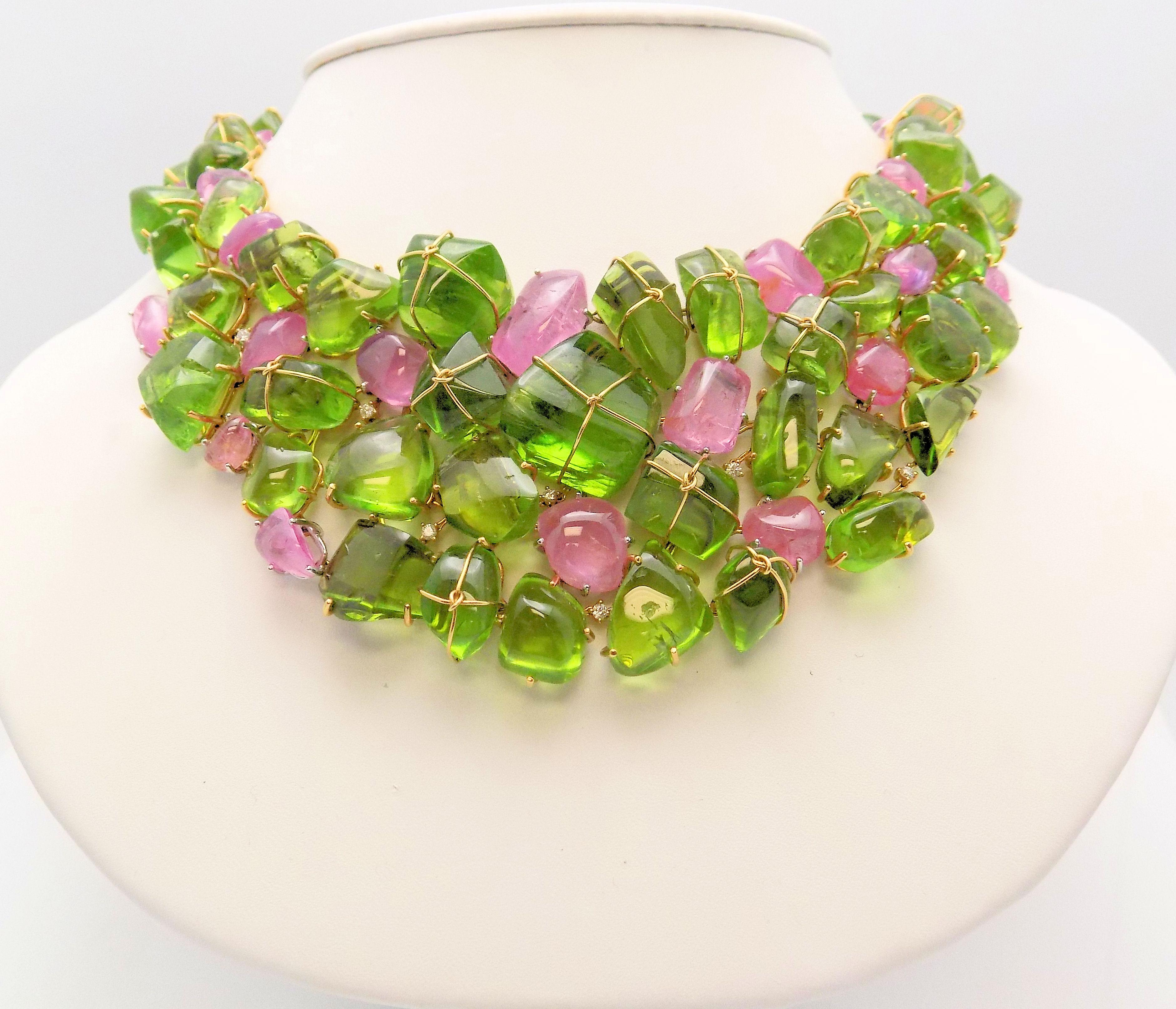 Handmade Collar Style Peridot, Pink Sapphire, Ruby and Diamond Necklace In Excellent Condition For Sale In Dallas, TX