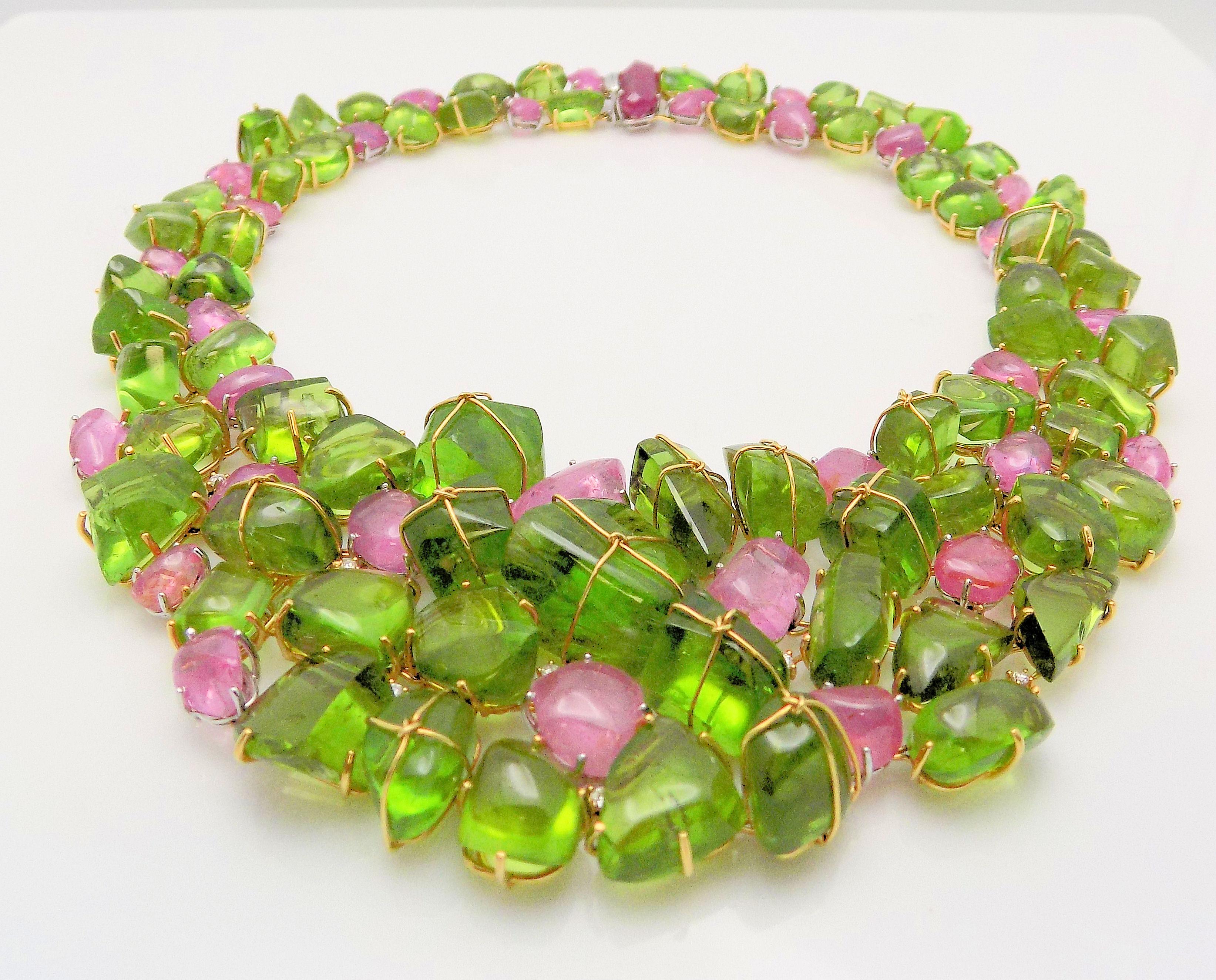 Women's or Men's Handmade Collar Style Peridot, Pink Sapphire, Ruby and Diamond Necklace For Sale