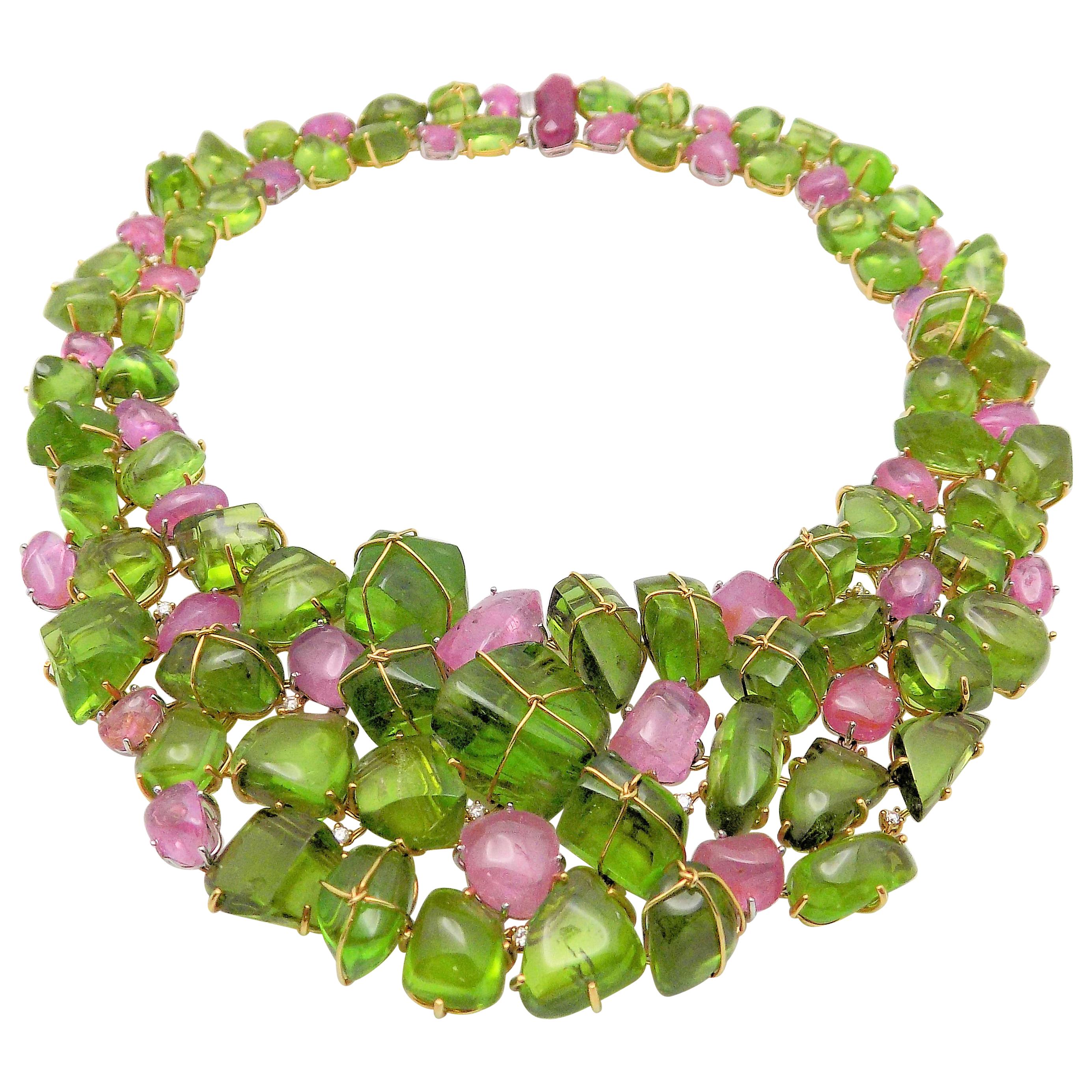 Handmade Collar Style Peridot, Pink Sapphire, Ruby and Diamond Necklace For Sale