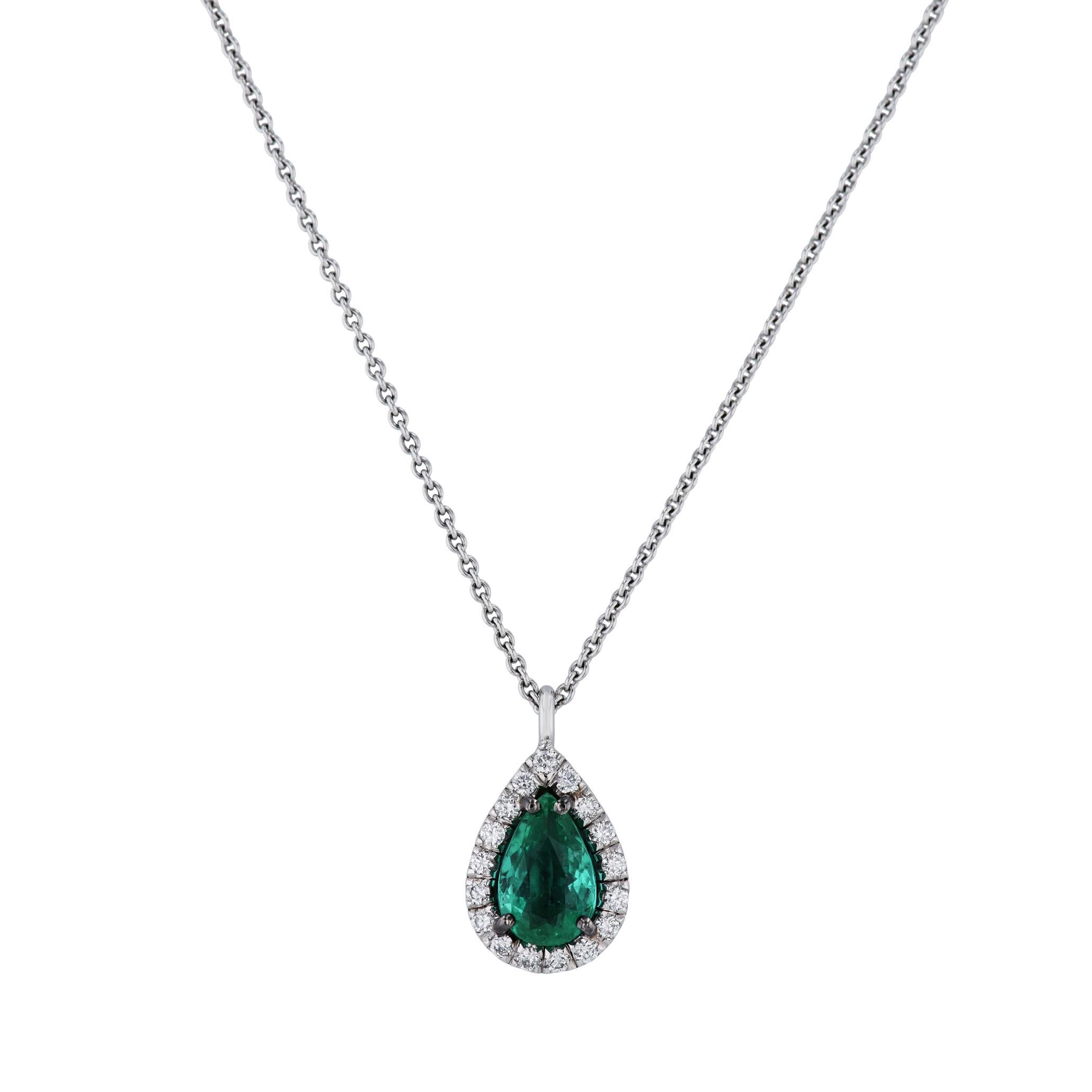 Pear Cut Handmade Colombian Emerald White Gold Diamond Pendant Necklace For Sale