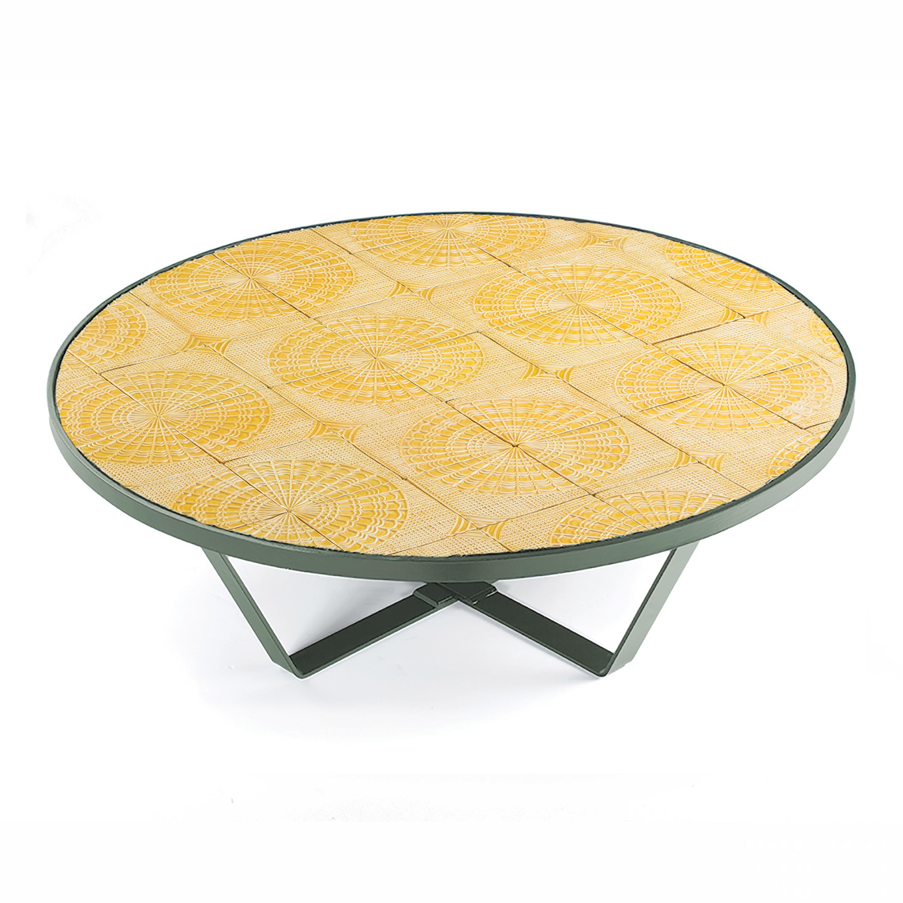 Mid-Century Modern Handmade Colorful Yellow Tiles Table top Round Centre Table Caldas for Outdoors For Sale