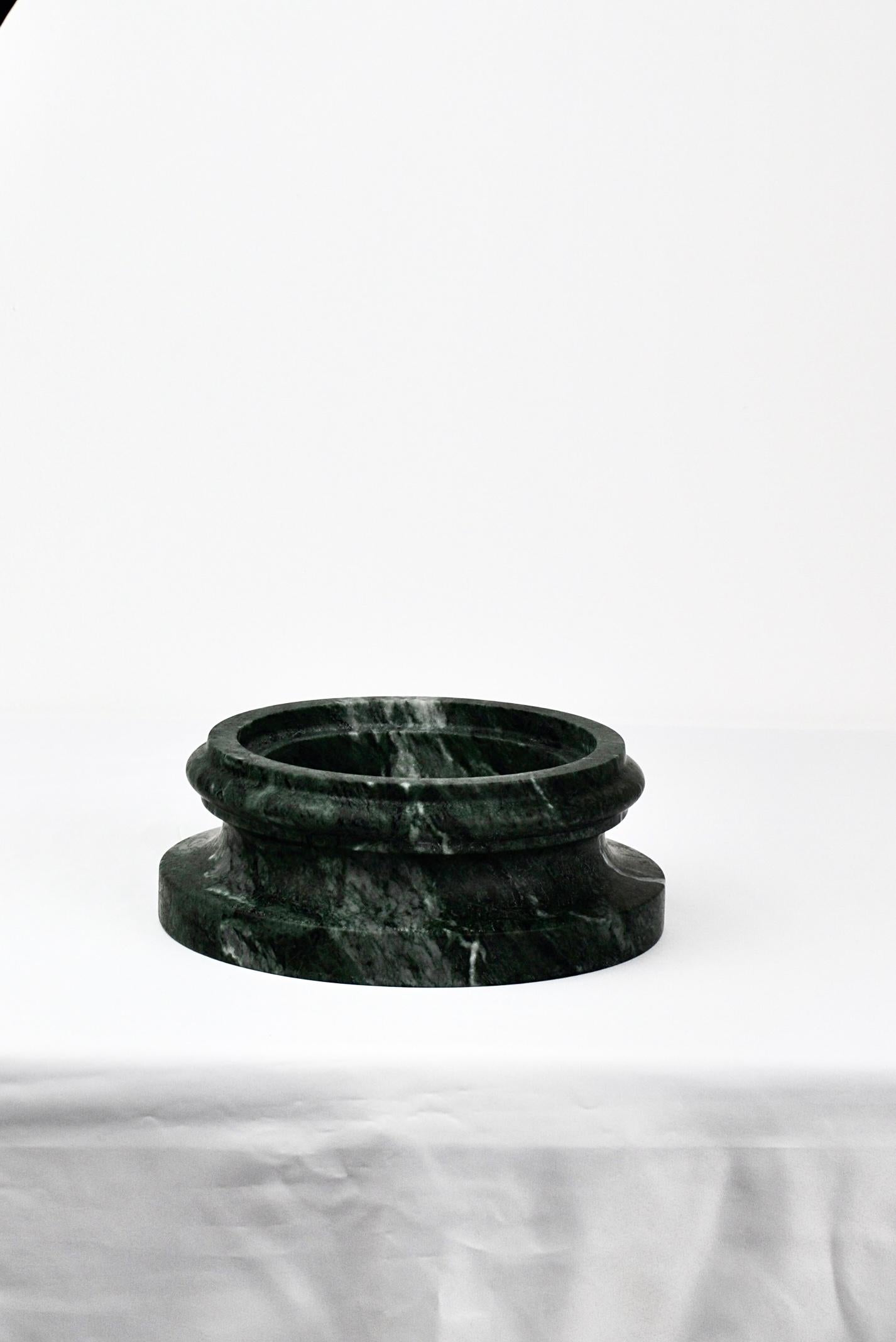 Marble Handmade Column Vase POR in satin black Marquina marble (base) For Sale