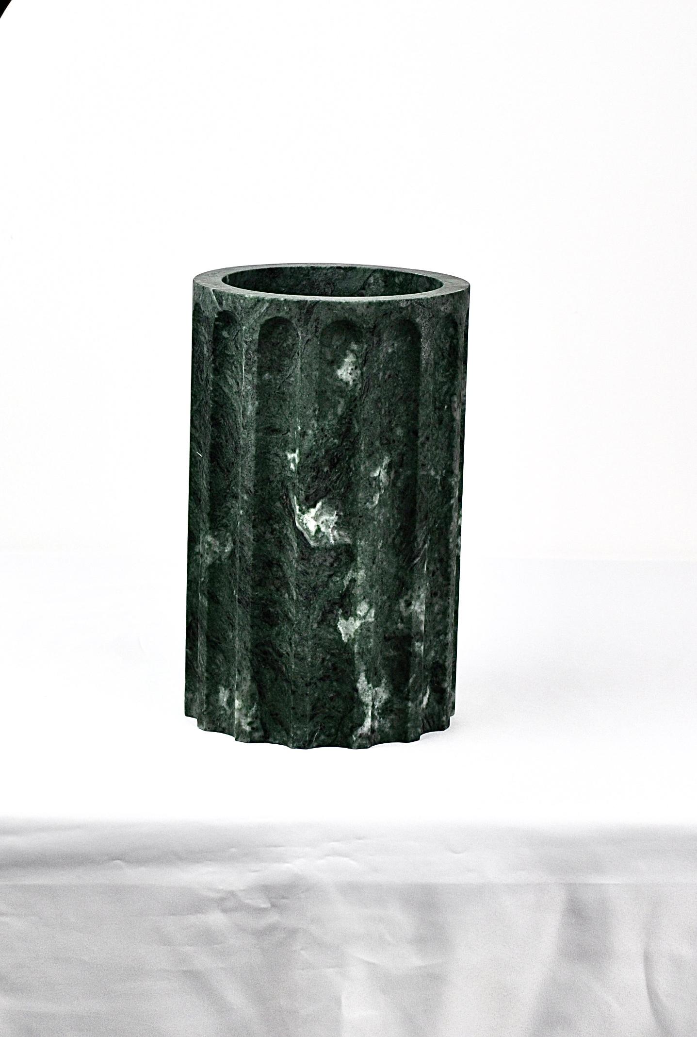 Italian Handmade Column Vase POR  TAN  TE in satin green Guatemala marble For Sale
