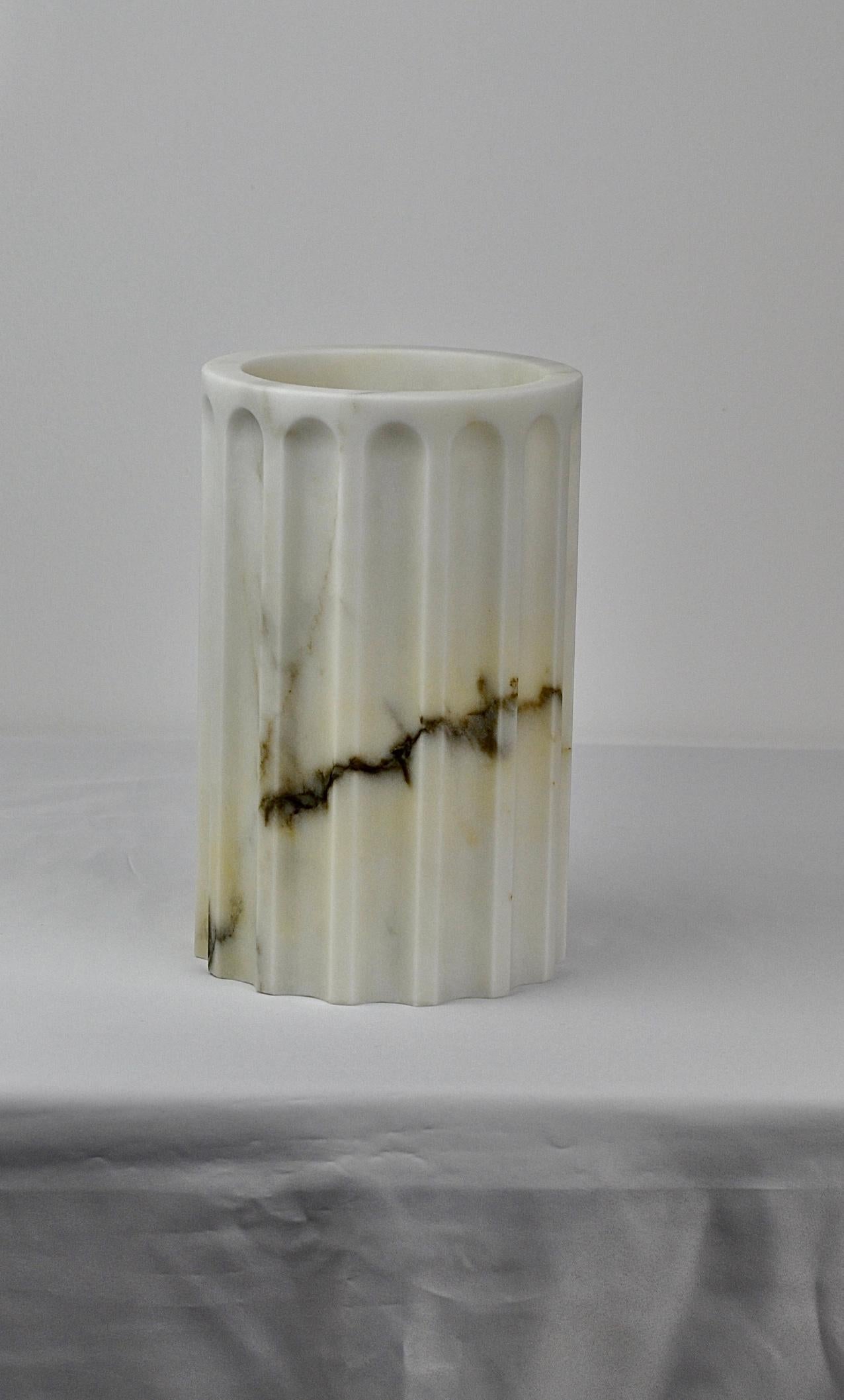 Marble Handmade Column Vase TAN in satin green Guatemala marble (middle part) For Sale