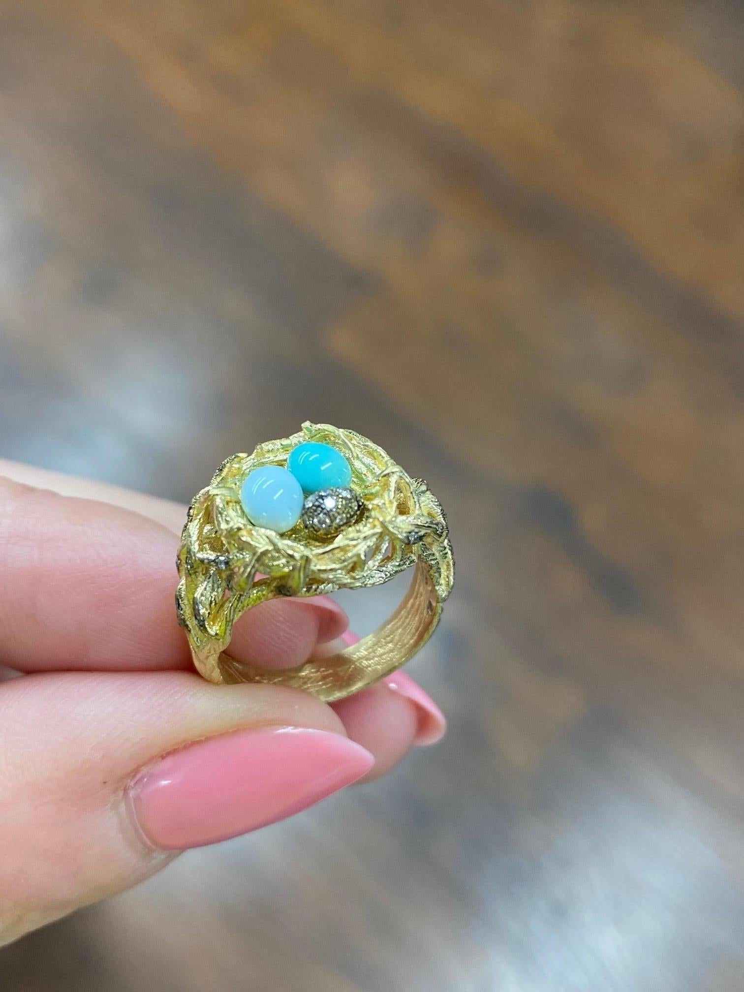 Round Cut Handmade Contemporary 18K-Yellow Gold, Diamond & Enamel 'Robin's Bird Nest Ring For Sale
