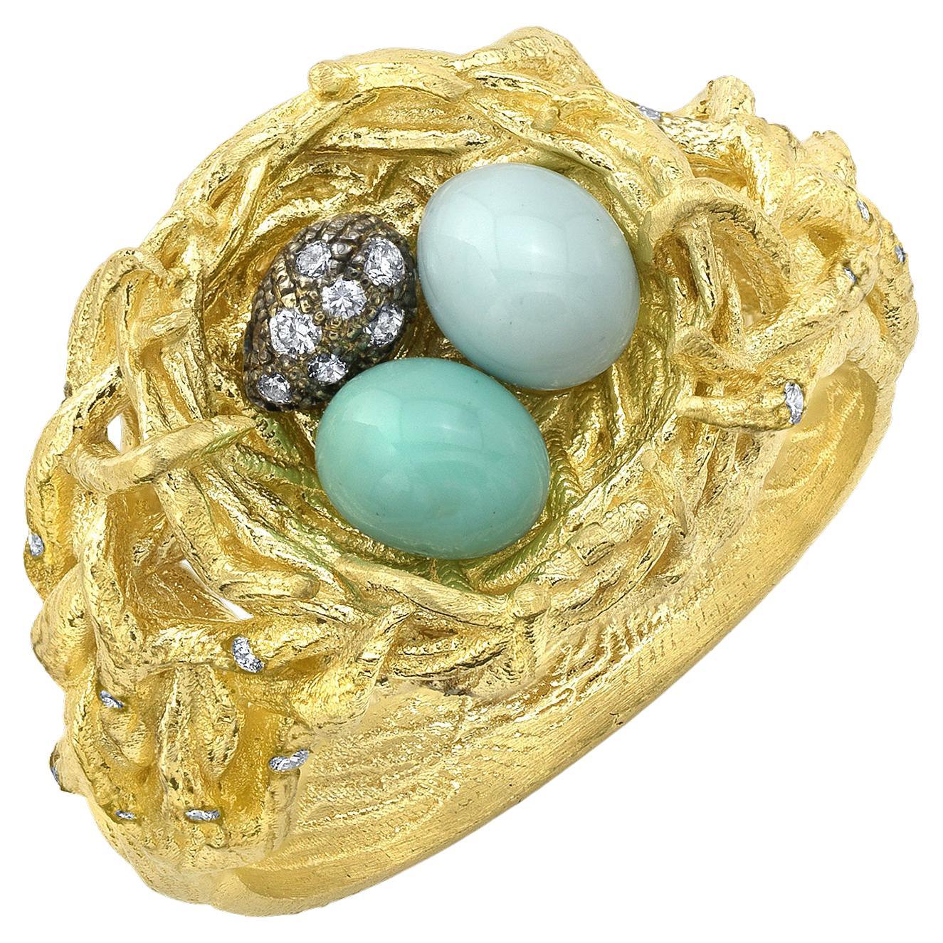 Zeitgenössischer zeitgenössischer Ring "Robin's Bird Nest" aus 18 Karat Gelbgold, Diamant und Emaille