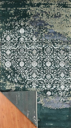 Handmade Contemporary Abstract Floral Wool & Silk Rug in Emerald Green & Silver