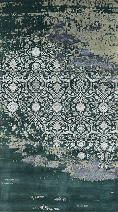 Handmade Contemporary Abstract Floral Wool & Silk Rug in Emerald Green & Silver