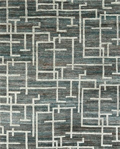 Handmade Contemporary Abstract Wool Rug Charcoal Teal & Ivory Geometric Design