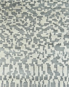 Handmade Contemporary Abstract Wool Rug Grey & Ivory Pixelated Geometric Design
