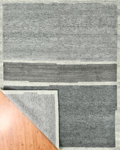 Handmade Contemporary Abstract Wool Rug in Grey & Ivory, Minimalist Panel Design