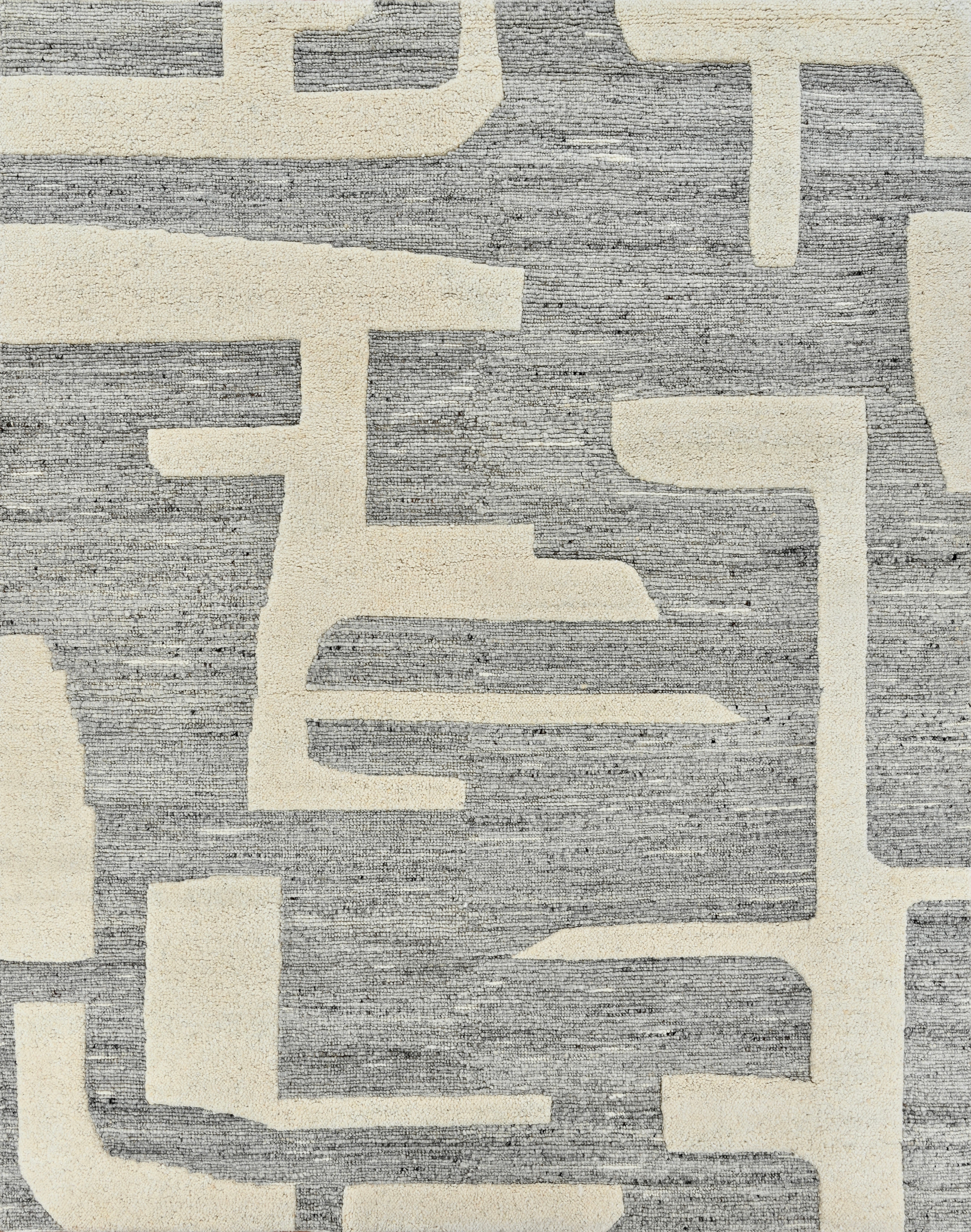 Handmade Contemporary Abstract Wool Rug in Grey & Ivory Sculpted High-Low Design