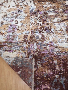 Handmade Contemporary Abstract Wool & Silk Rug in Brown, Lavender and Beige