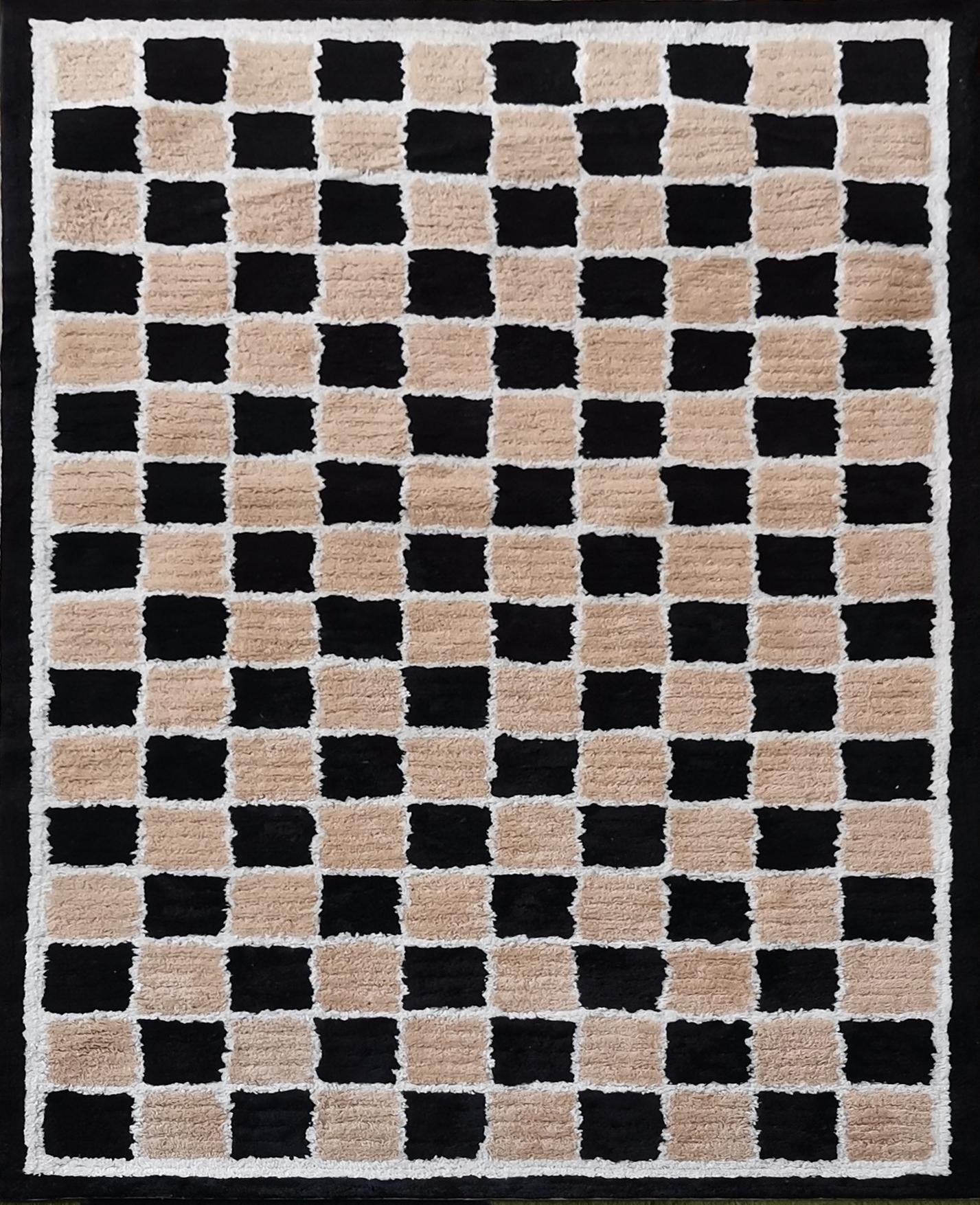 Alfombra contemporánea hecha a mano, diseño ajedrez,  8' x 10', Lana NZ Español en venta