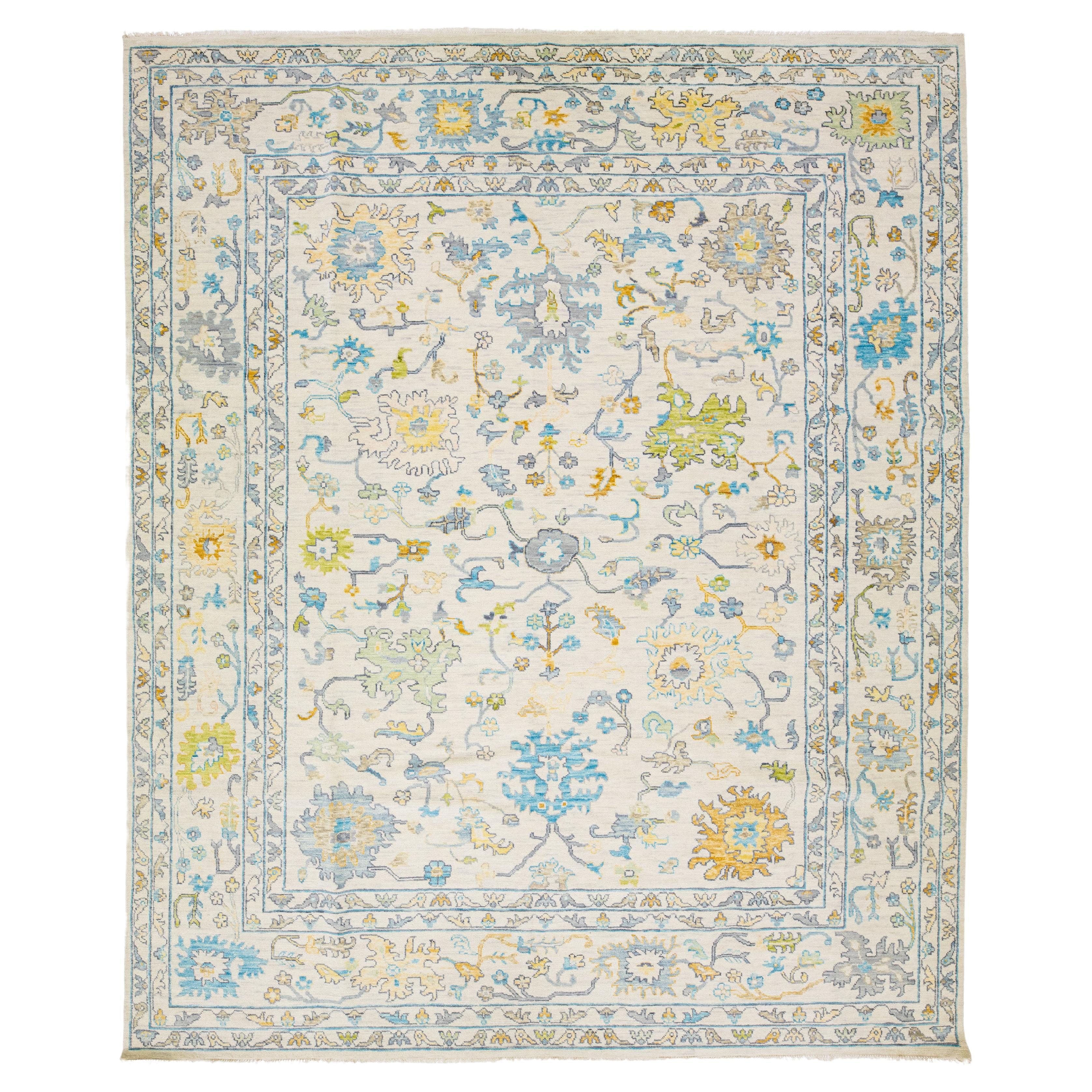 Handmade Contemporary Beige Wool Rug Oushak style With a Floral Pattern
