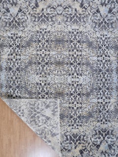 Handmade Contemporary Distressed Wool Silk Rug in Light Charcoal, Blue and Beige