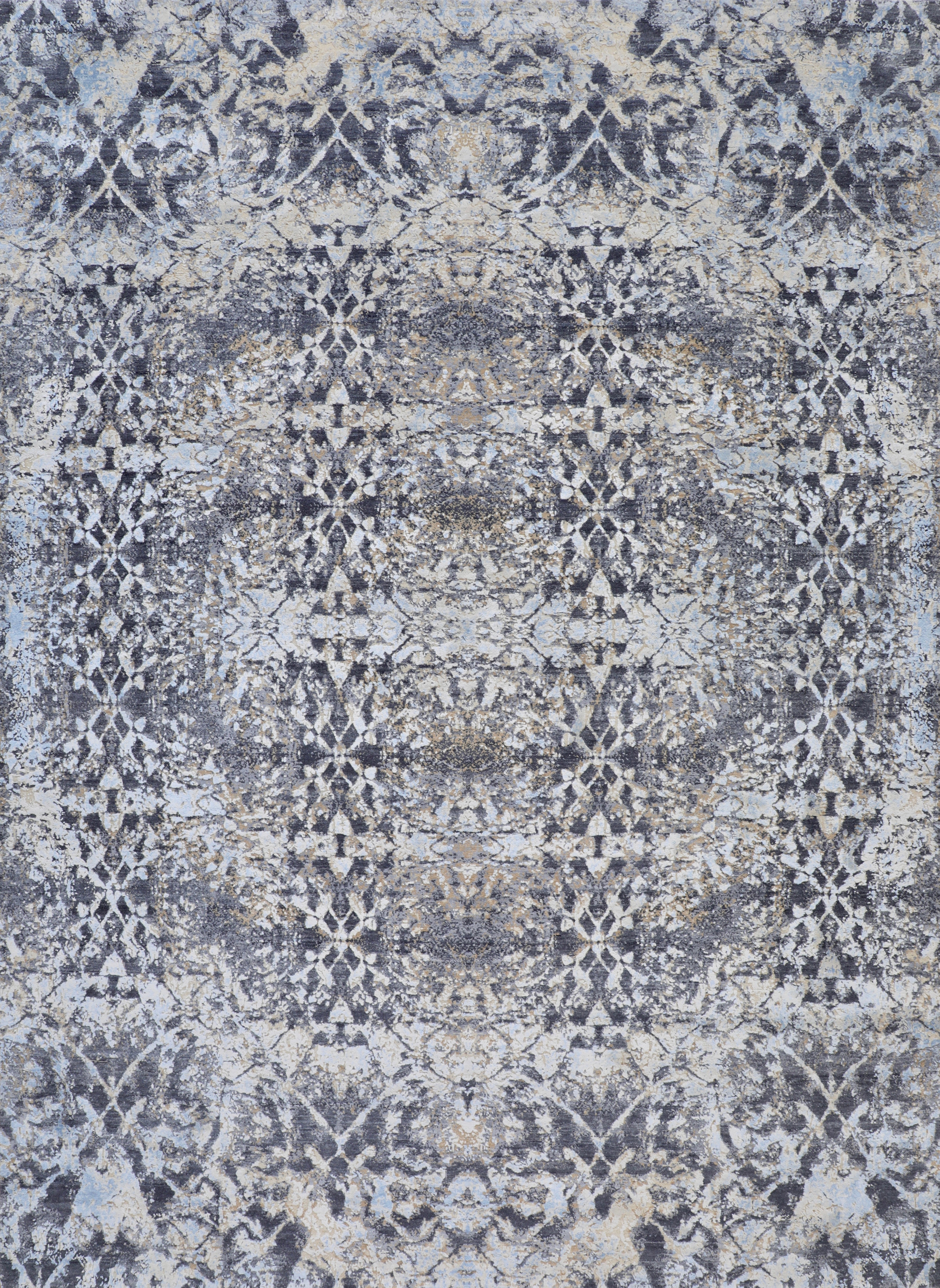 Handmade Contemporary Distressed Wool Silk Rug in Light Charcoal, Blue and Beige For Sale