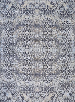 Handmade Contemporary Distressed Wool Silk Rug in Light Charcoal, Blue and Beige