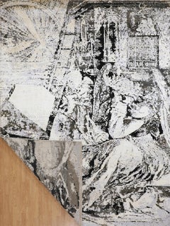 Handmade Contemporary Figurative Wool Rug in Grey and Black, Monochrome Artistic