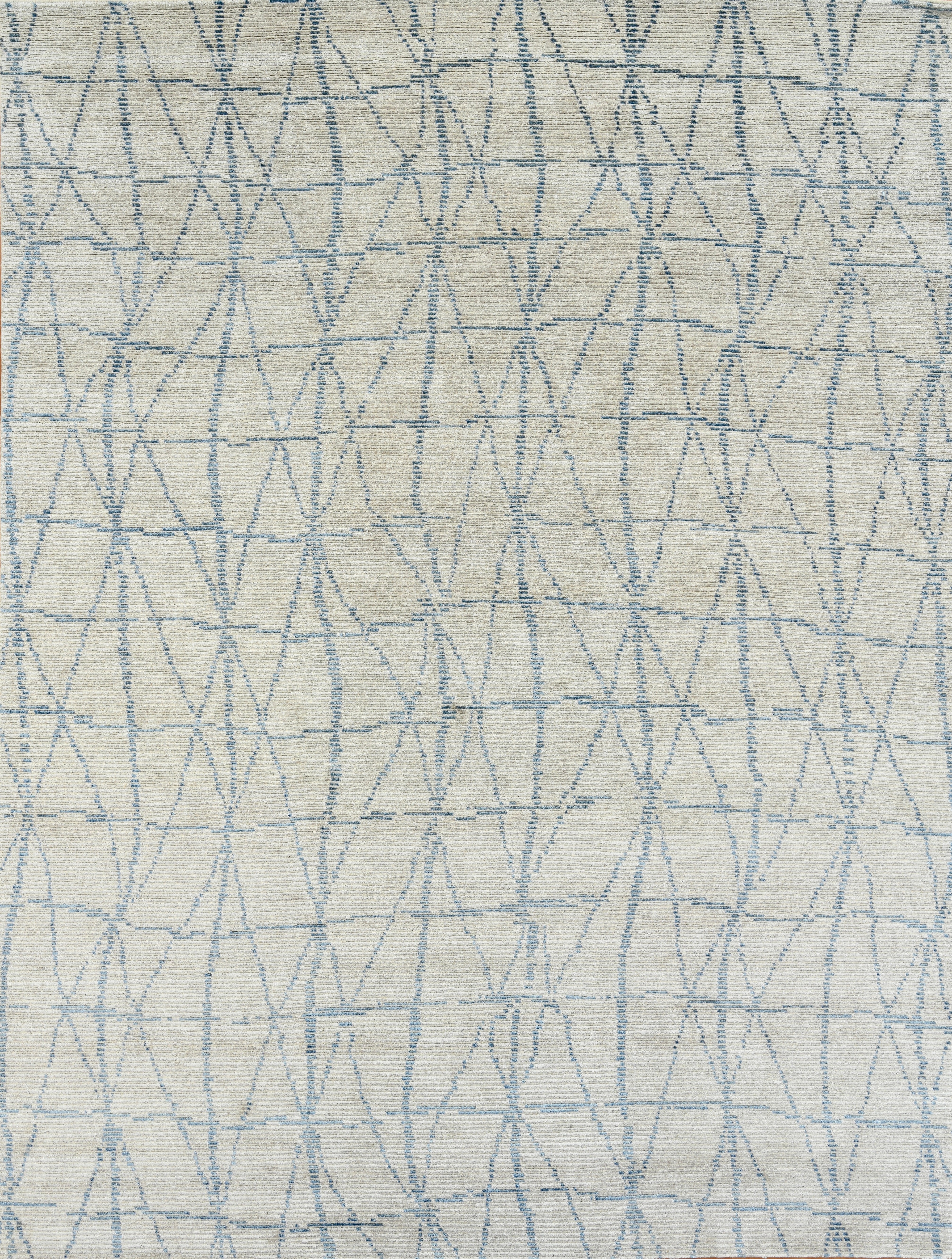Handmade Contemporary Geometric Rug in Beige with Soft Blue Linear Pattern