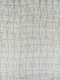 Handmade Contemporary Geometric Rug in Beige with Soft Blue Linear Pattern