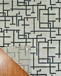 Handmade Contemporary Geometric Wool Rug Ivory & Charcoal, Modern Linear Design