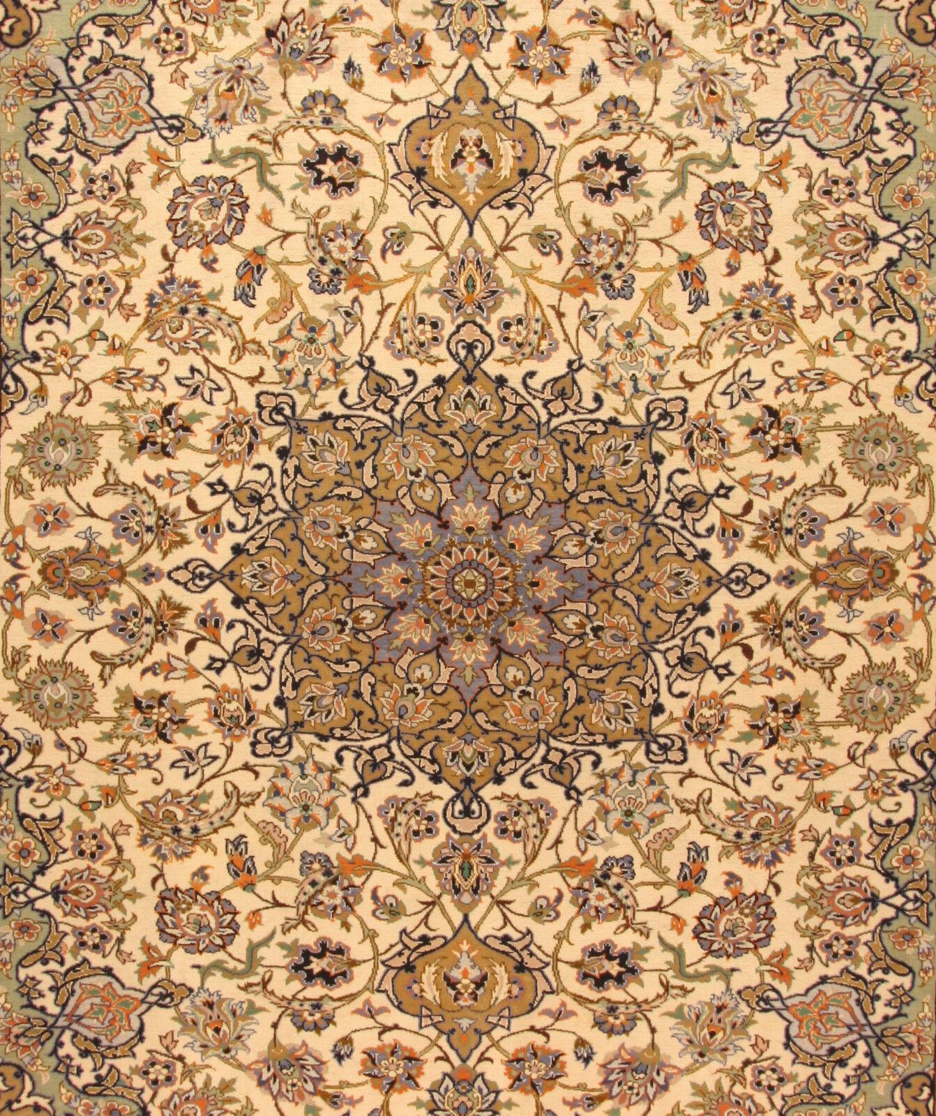 Immerse yourself in the allure of our Handmade Contemporary Persian Isfahan Rug, a masterpiece from the 2000s. Measuring at 9.6' x 12.7', this rug boasts light shades and is crafted from high-quality wool, adding a touch of timeless sophistication