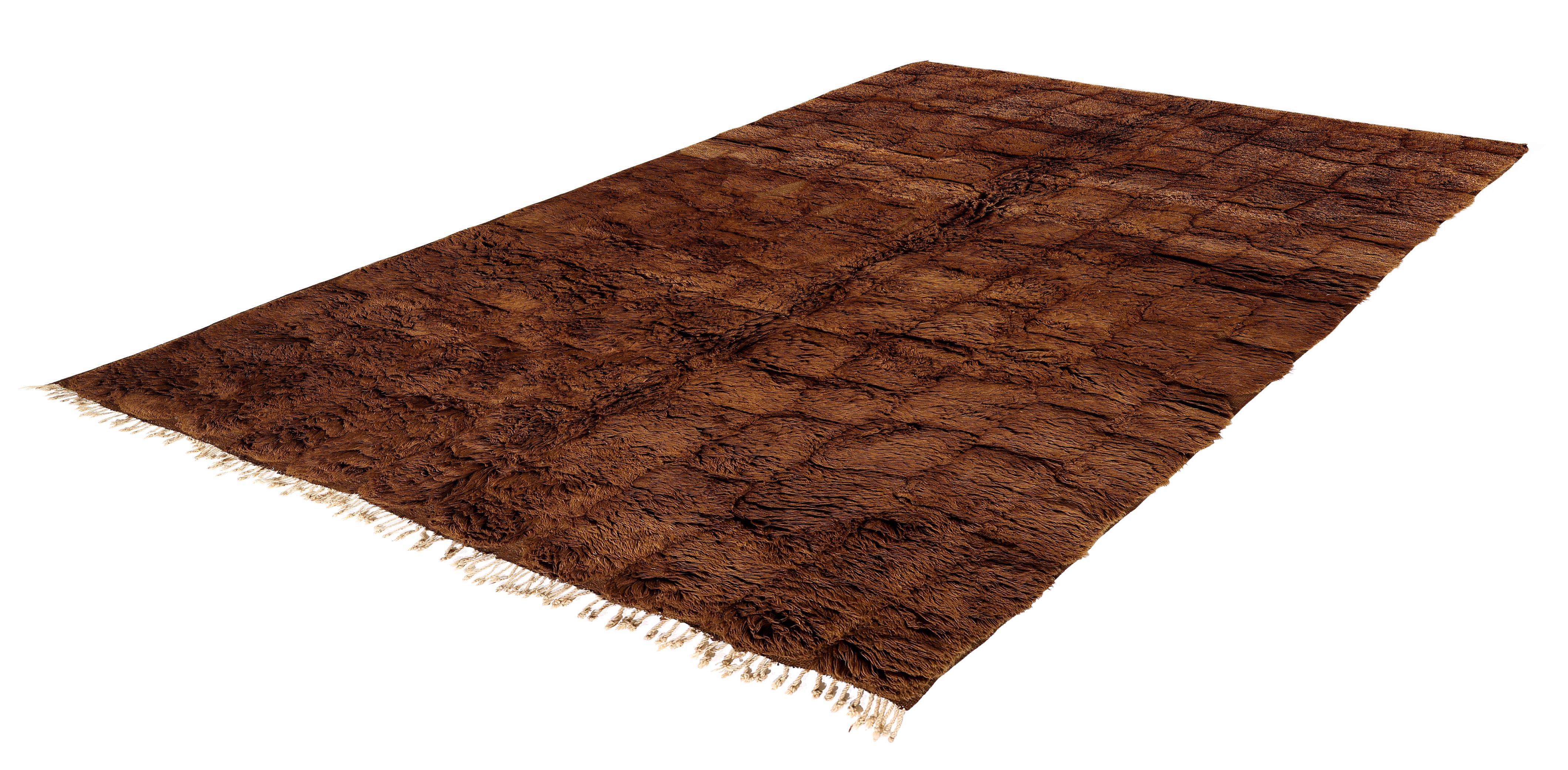 Noué à la main Tapis marocain contemporain fait main en laine marron terreux chaud en vente