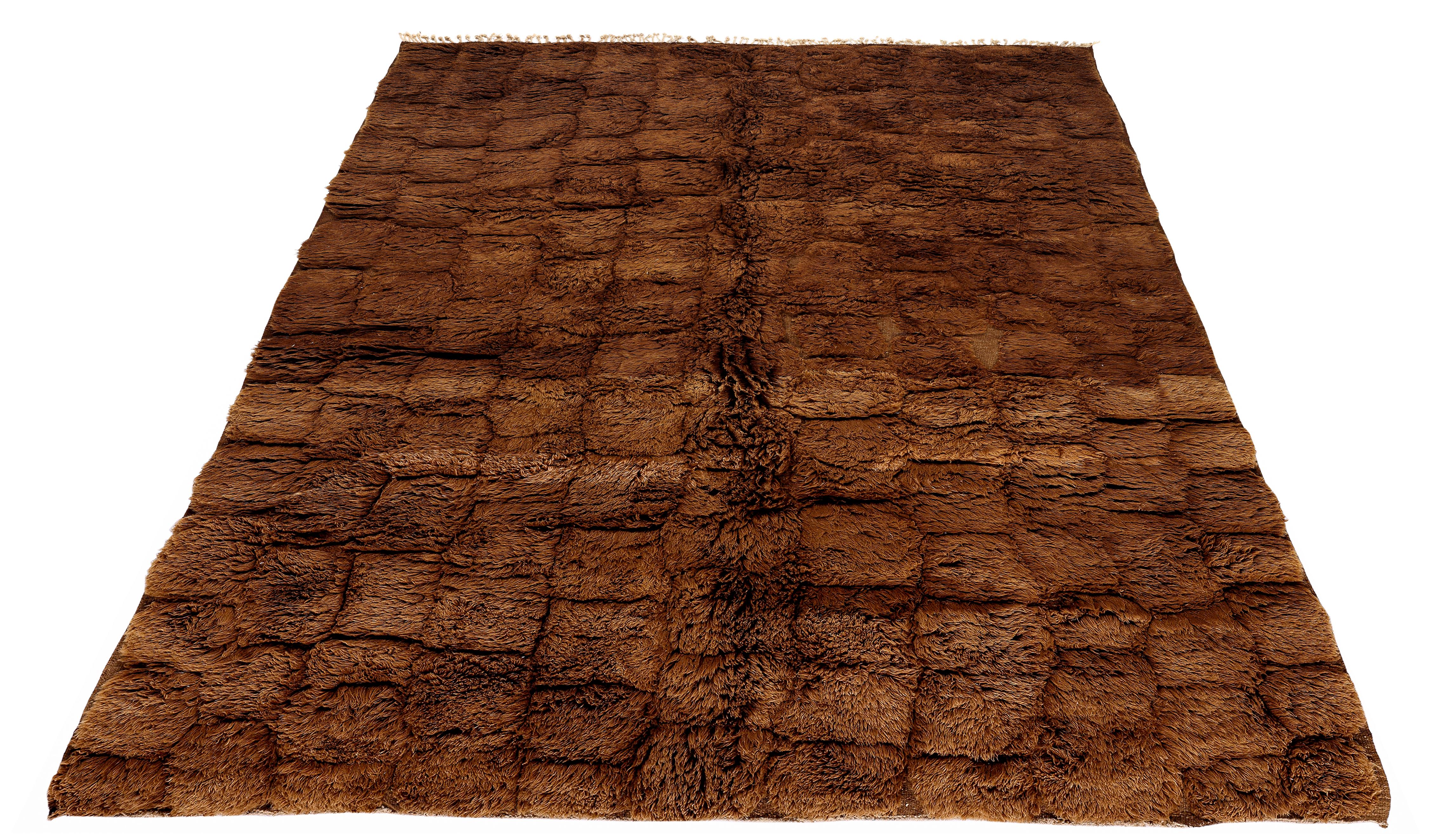 Laine Tapis marocain contemporain fait main en laine marron terreux chaud en vente
