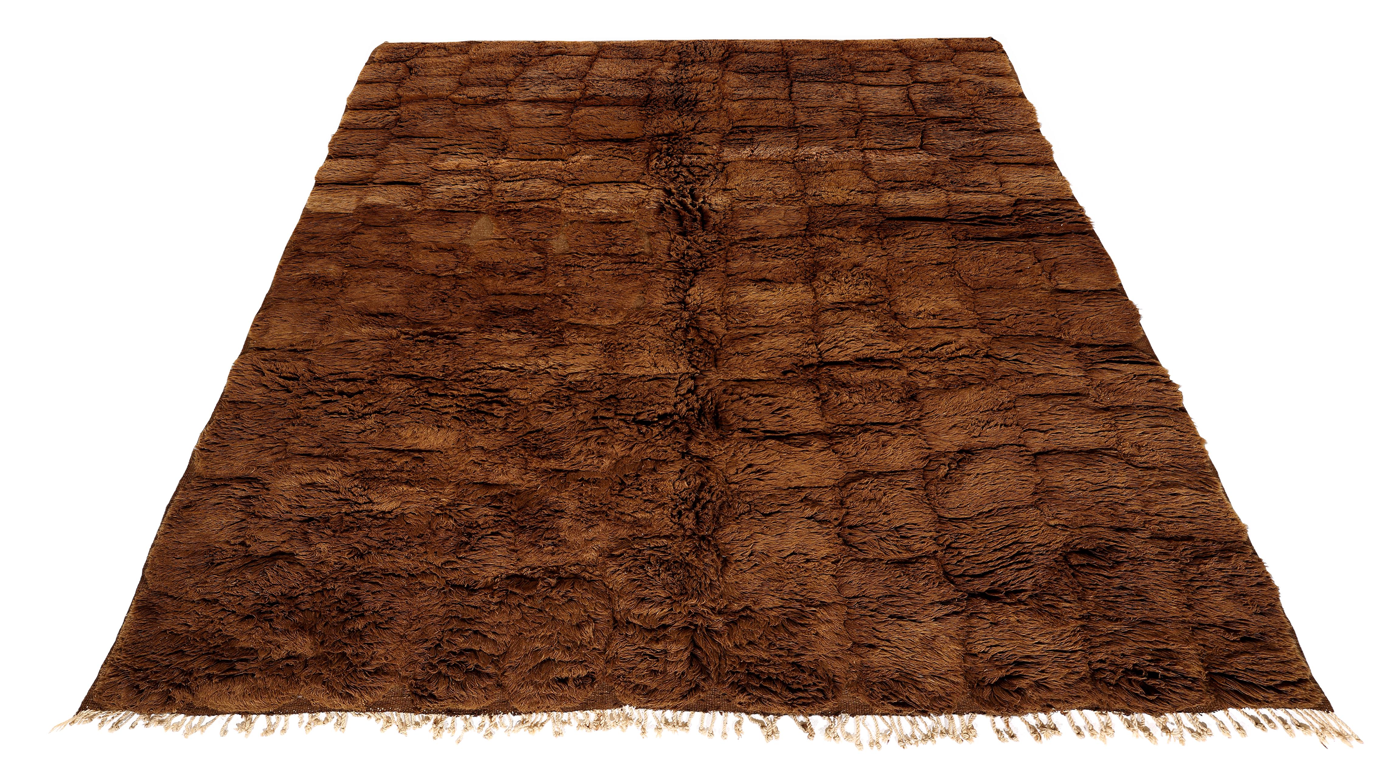 Tapis marocain contemporain fait main en laine marron terreux chaud en vente 1