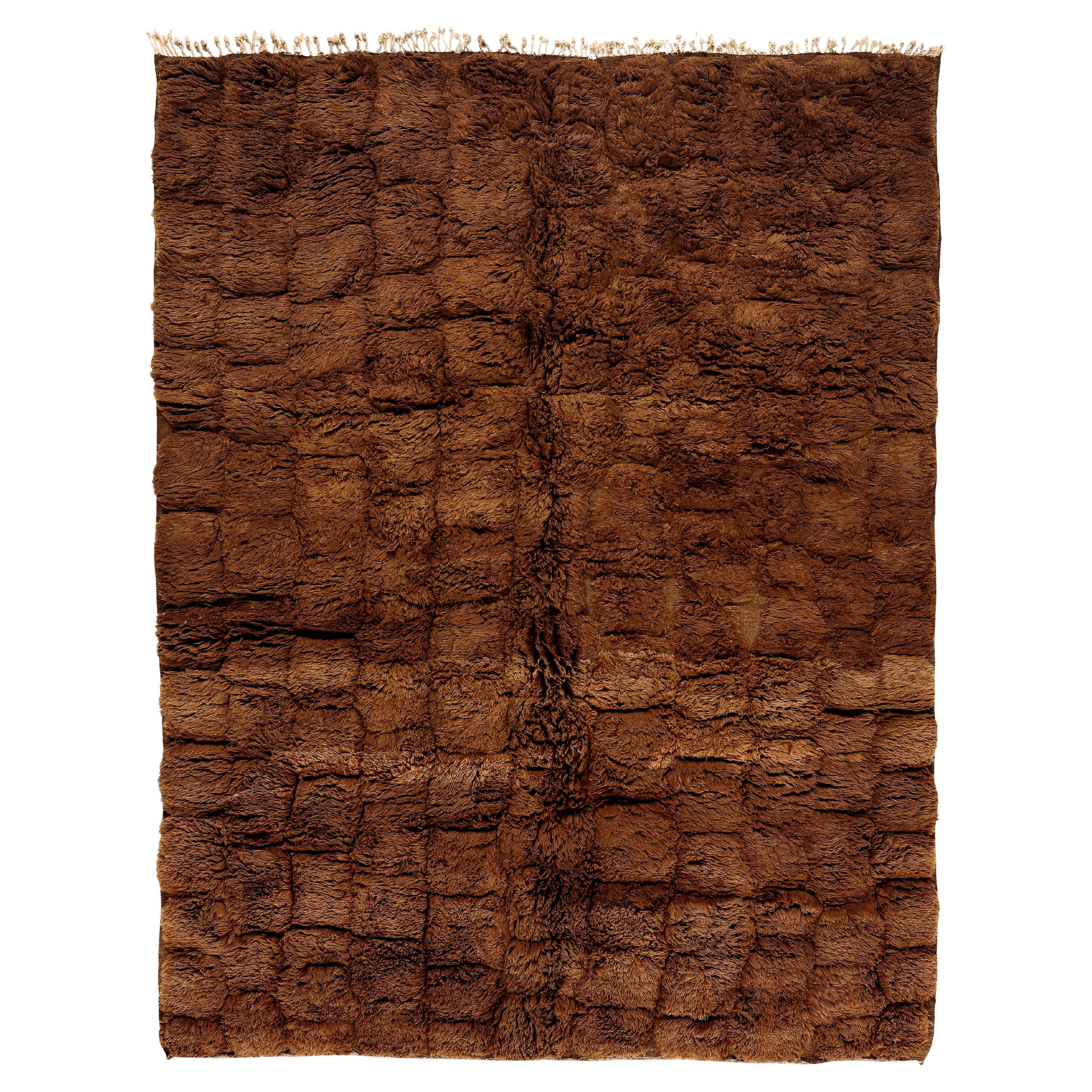 Tapis marocain contemporain fait main en laine marron terreux chaud en vente