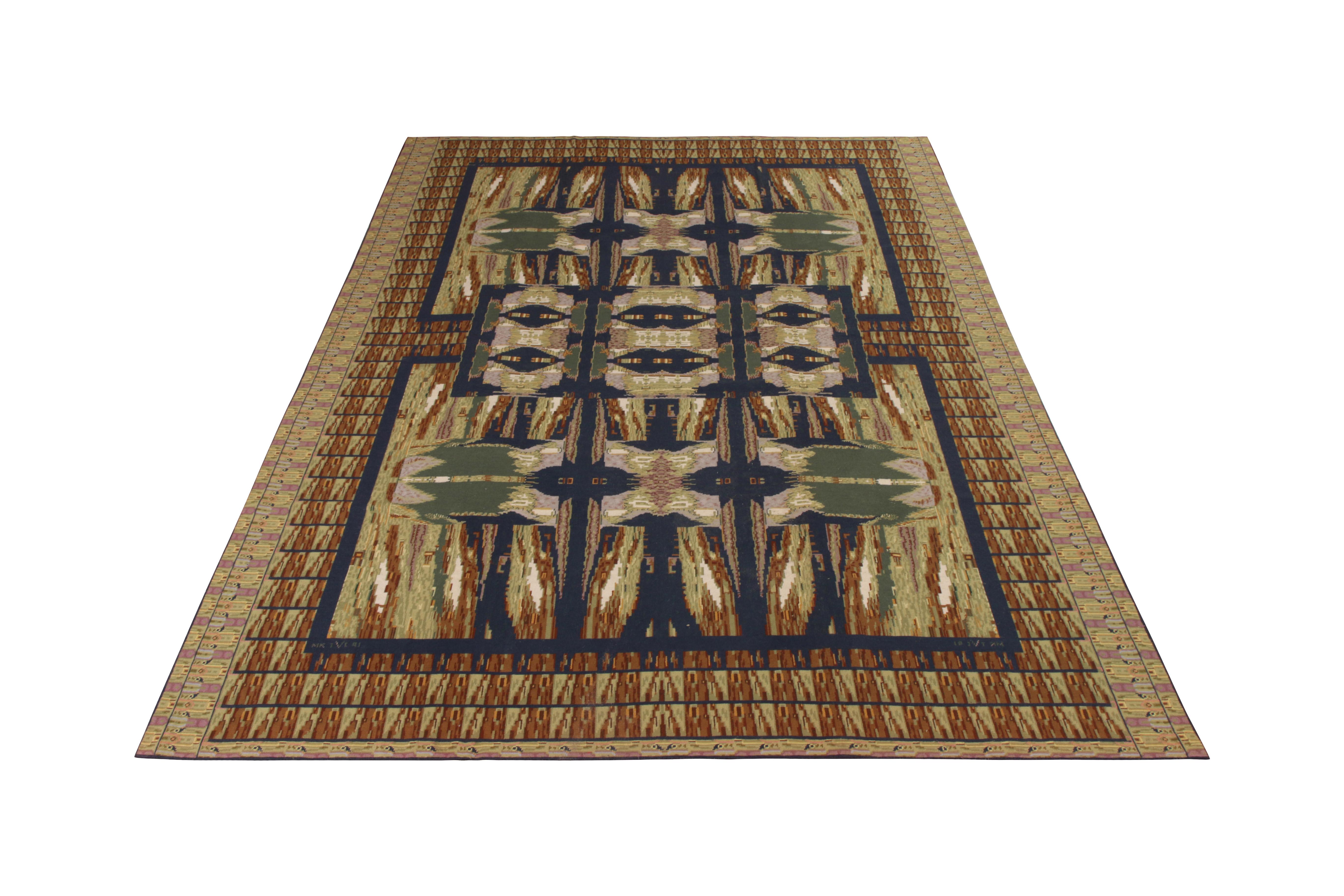 An unveiling from the contemporary needlepoint selections in the Kilim and flat-weave collection from Rug & Kilim, here celebrating a 9 x 13 needlepoint rug from the works of Teddy Sumner, handmade in wool in this distinctive take on Art Deco style.