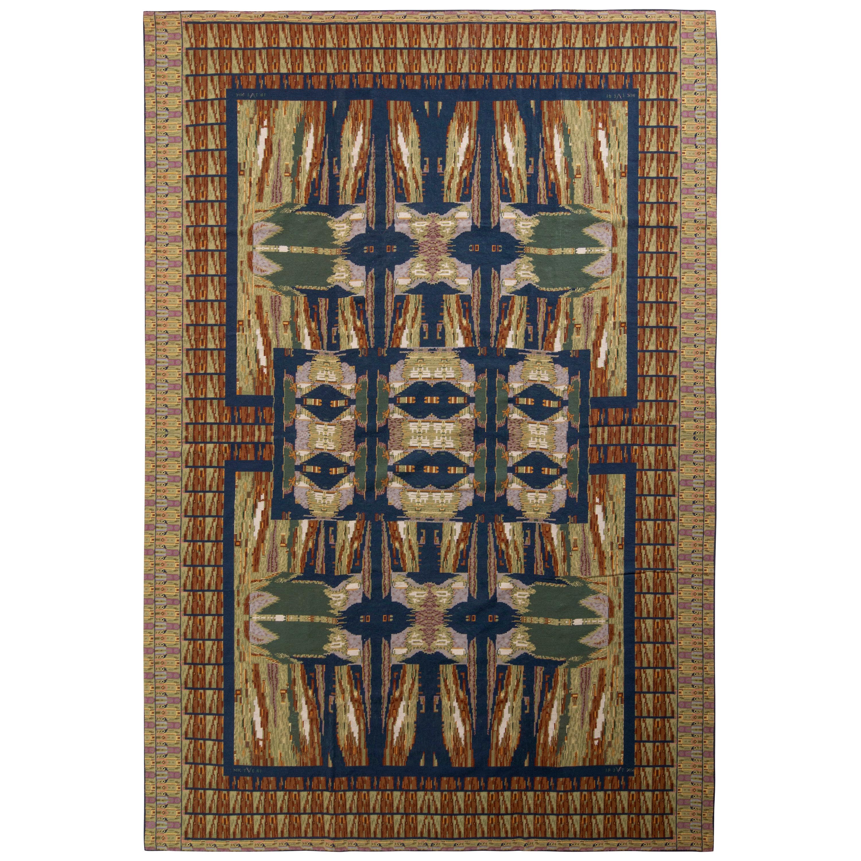 Handmade Contemporary Needlepoint Rug in Green and Beige Brown Geometric Pattern