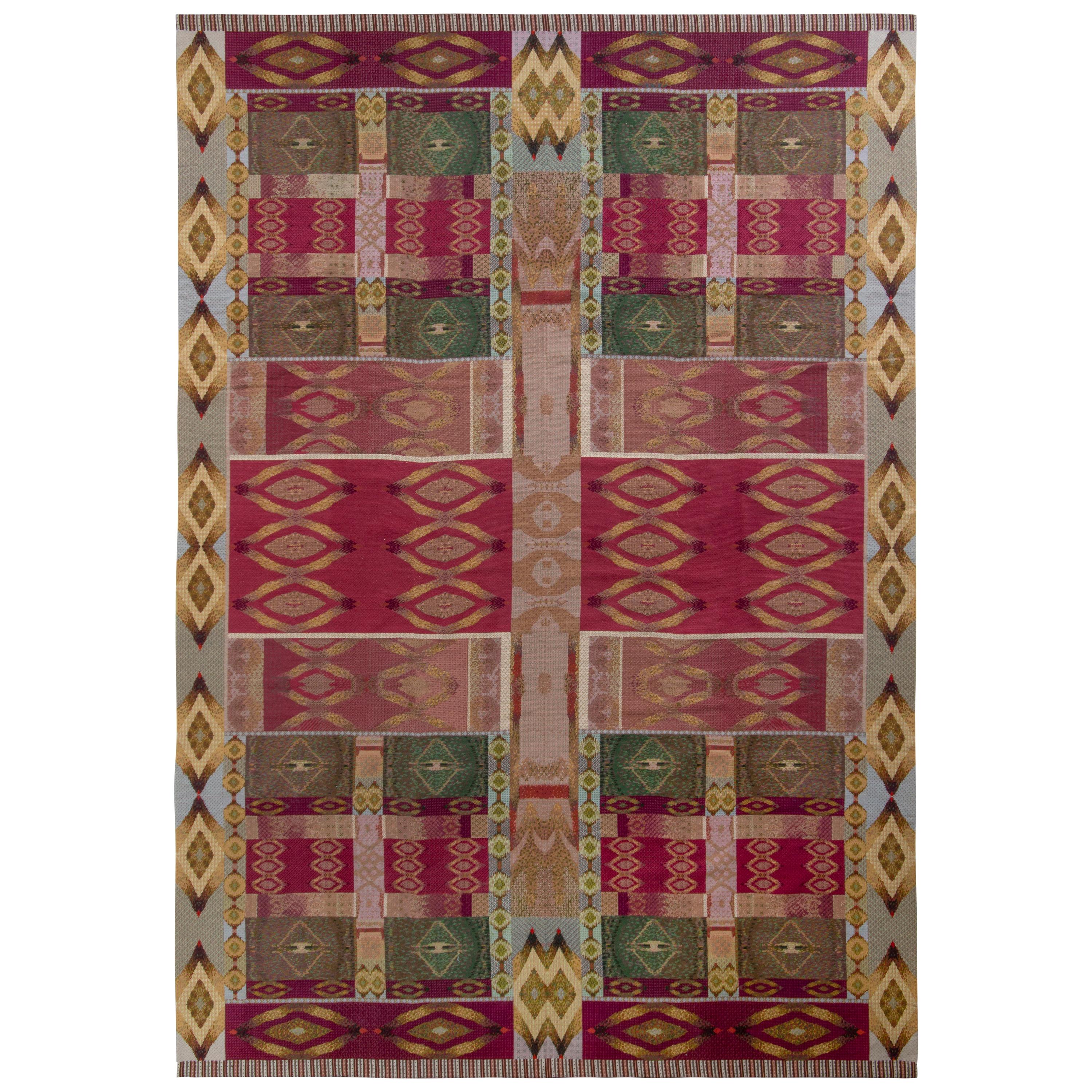 Vintage Van Campen Style Needlepoint, Red With Geometric Patterns By Rug & Kilim For Sale