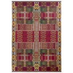 Handmade Contemporary Needlepoint Rug in Red and Green Geometric Pattern