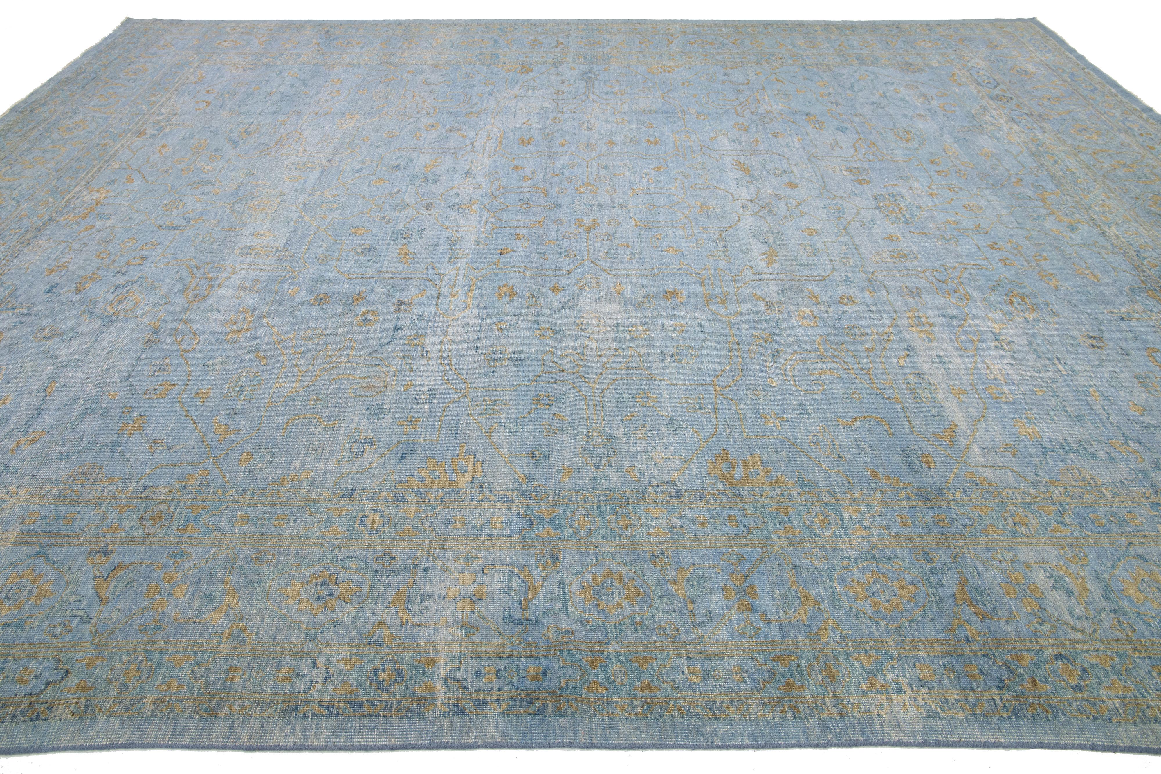 Hand-Knotted Handmade Contemporary Oushak style Wool Rug with Blue and Gold Field For Sale