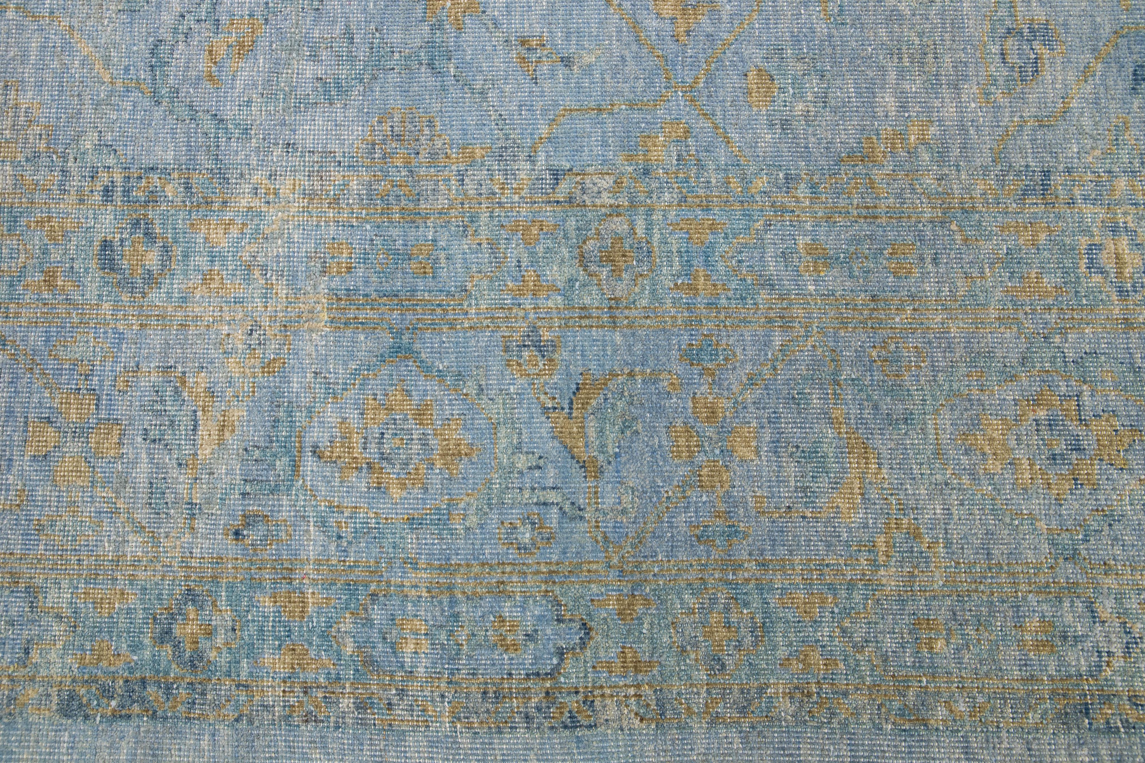 Handmade Contemporary Oushak style Wool Rug with Blue and Gold Field In New Condition For Sale In Norwalk, CT