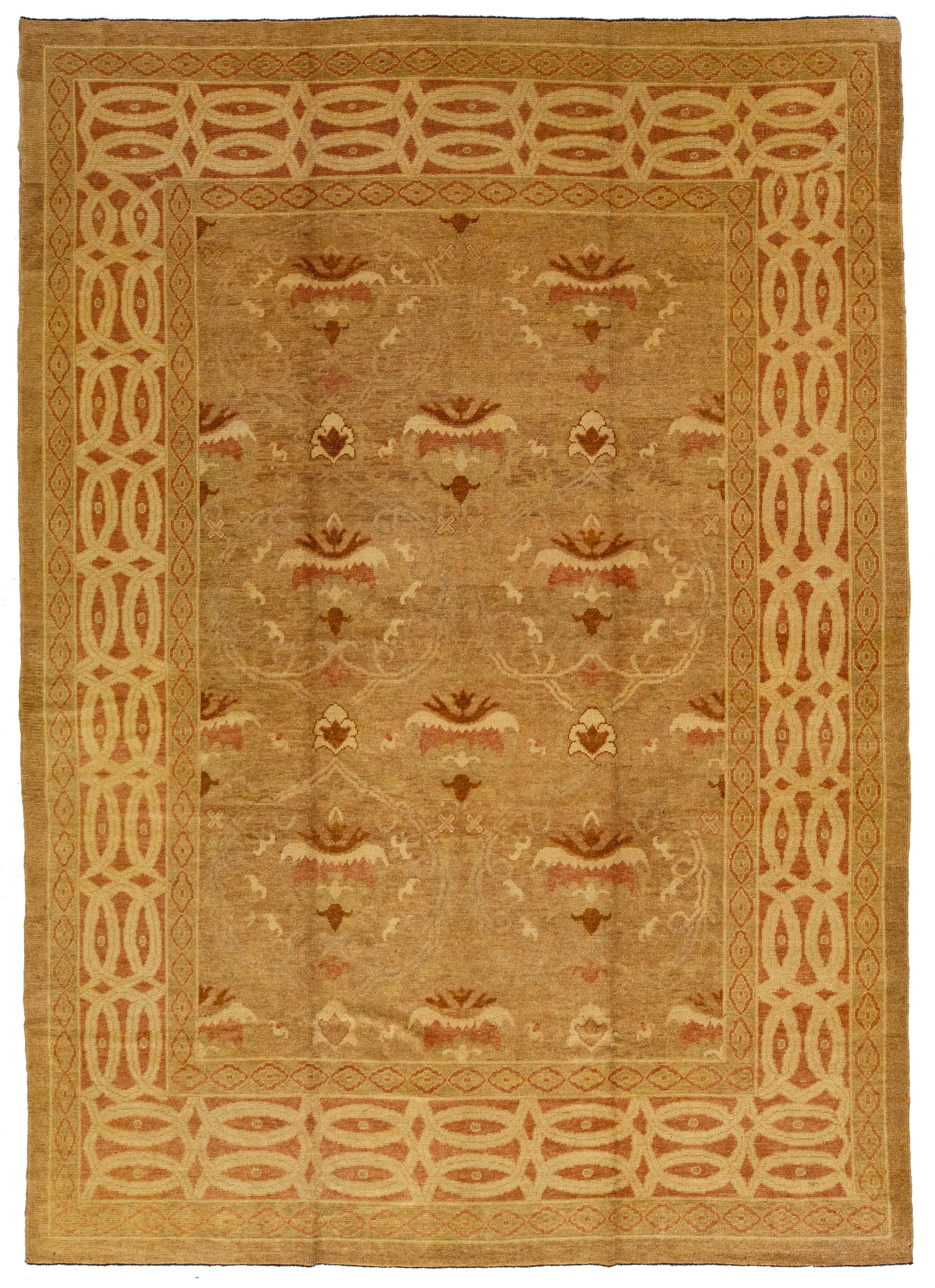 Handmade Contemporary Oushak Wool Rug with Floral Pattern in Tan