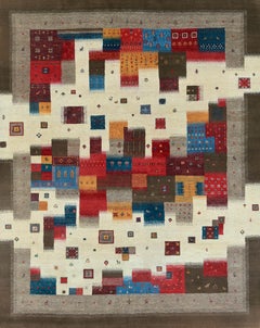 Handmade Contemporary Patchwork Inspired Wool Rug in Beige, Brown & Multi-Color