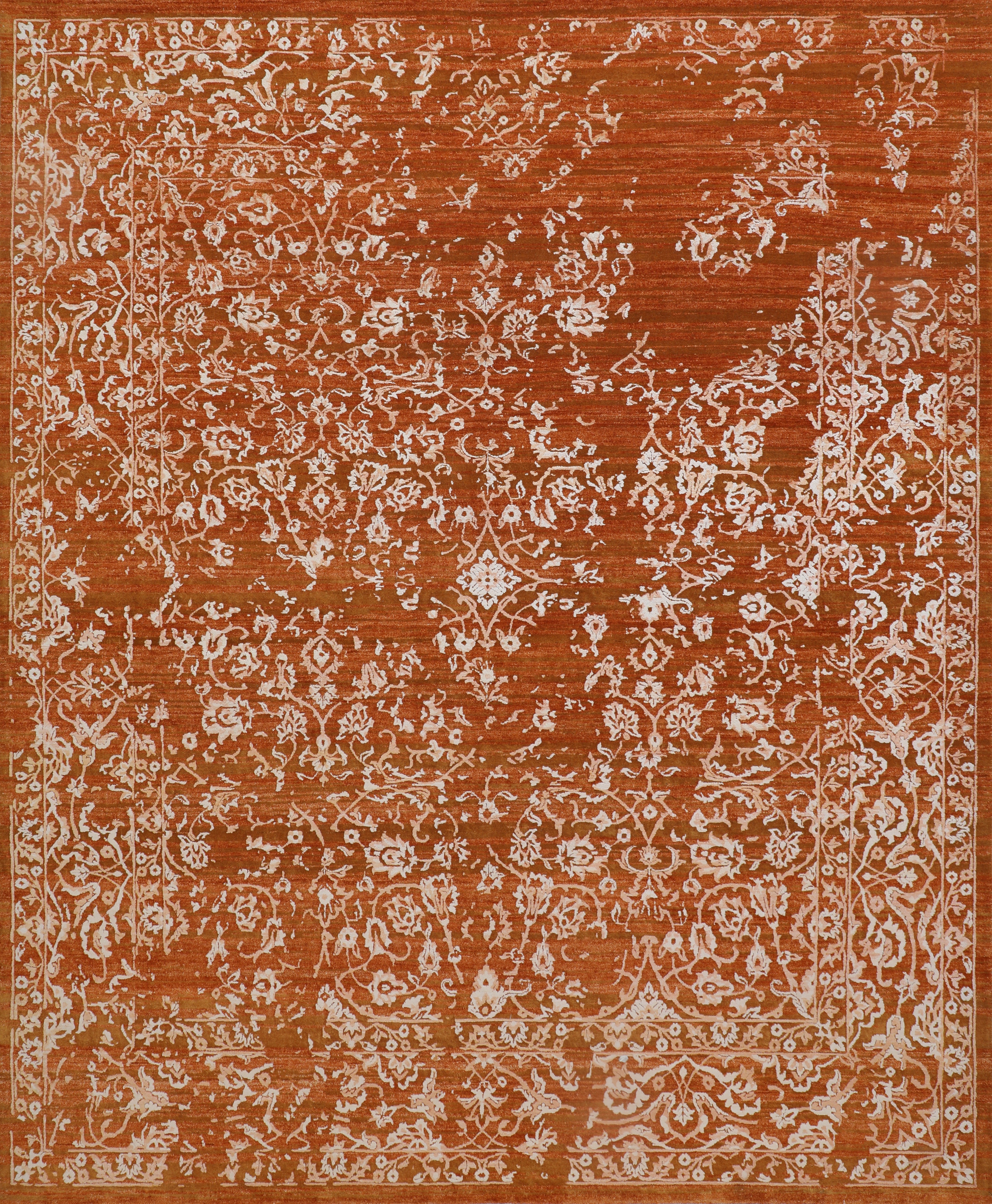 Handmade Contemporary Rug in Burnt Orange and Ivory with Distressed Traditional For Sale