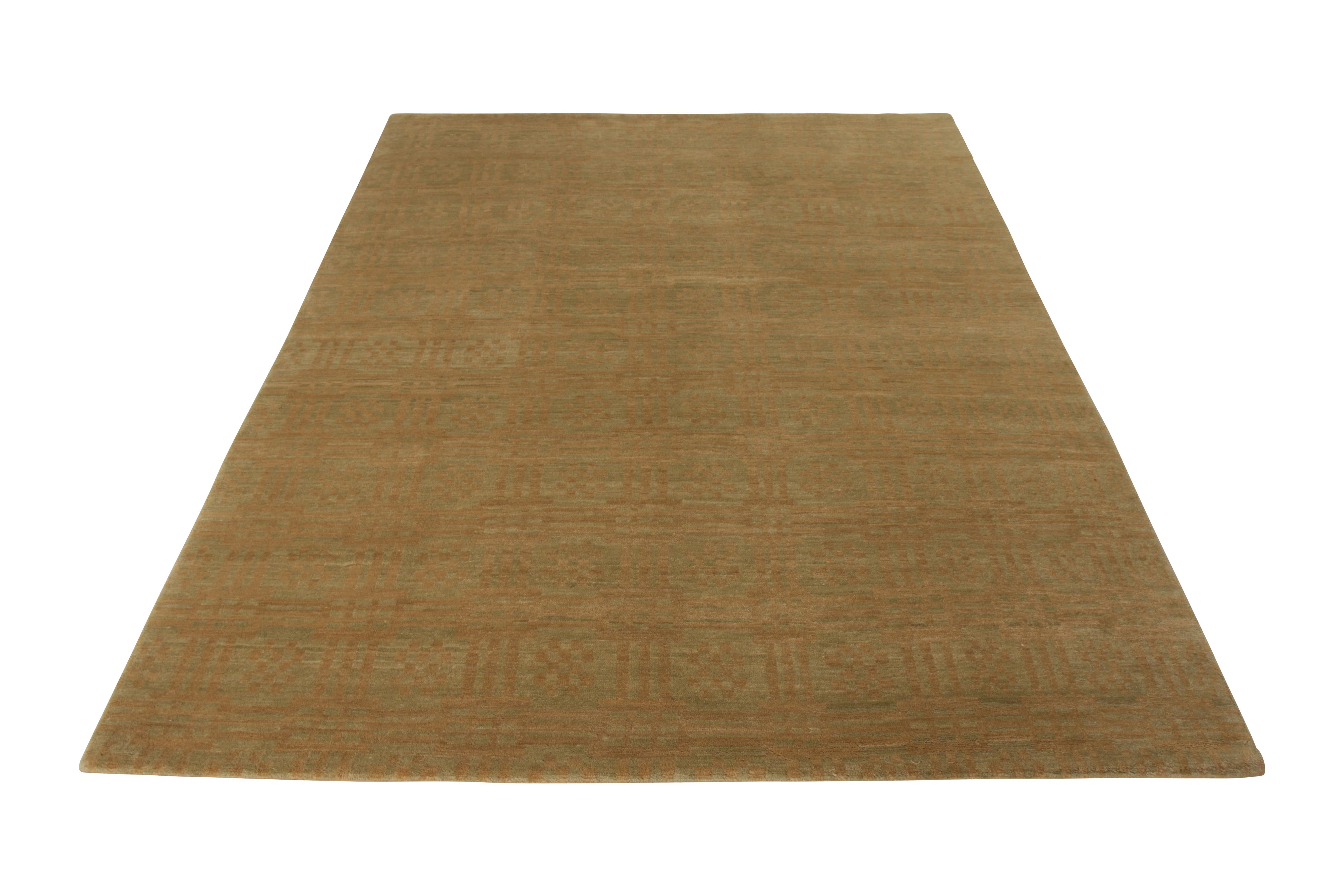 Art Deco Rug & Kilim's Handmade Contemporary Rug in Green and Brown Geometric Pattern