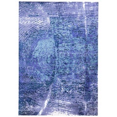 Handmade Contemporary Rug in Silk and Wool Blue and Purple Shades