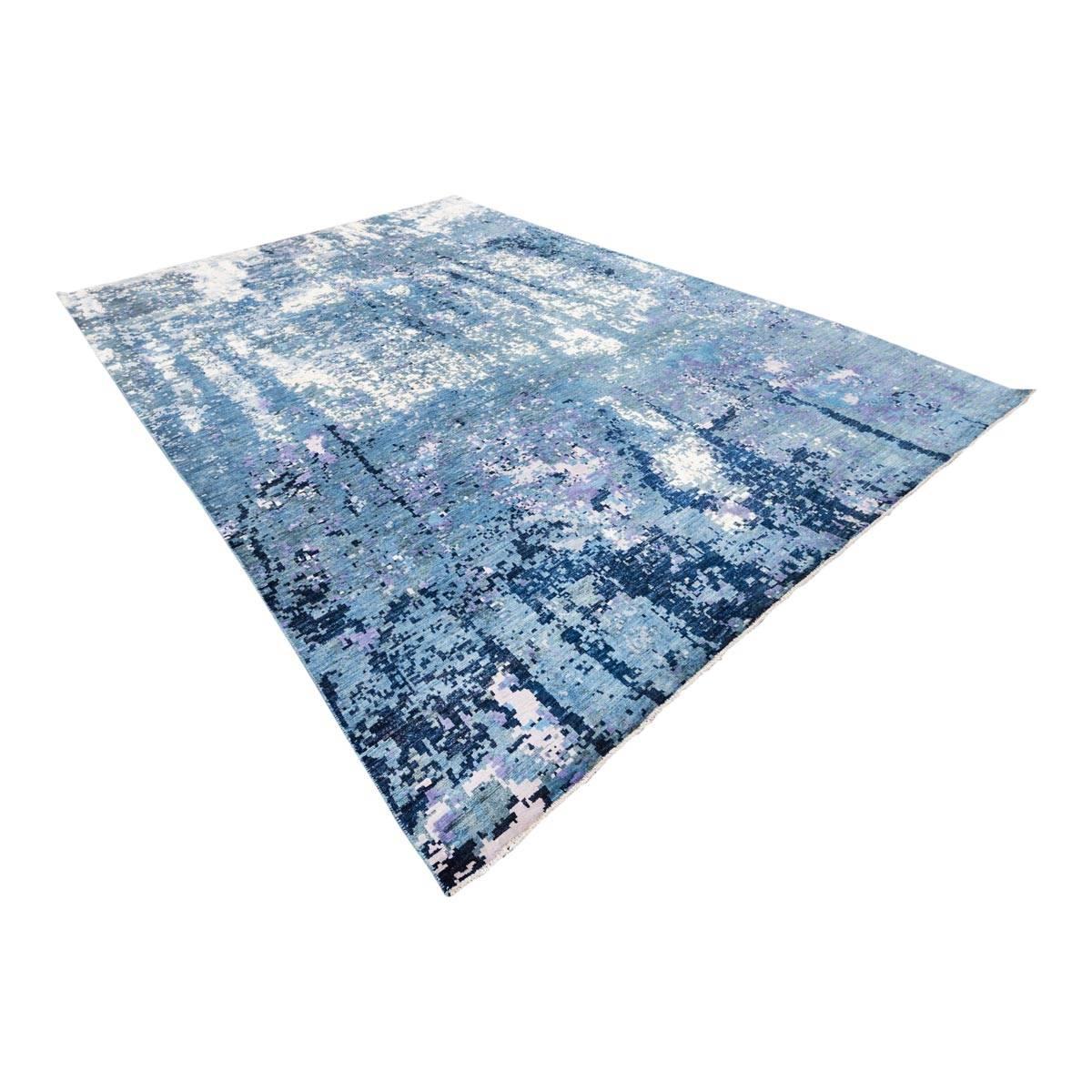 Pakistani Handmade Contemporary Rug in Silk and Wool Blue Shades