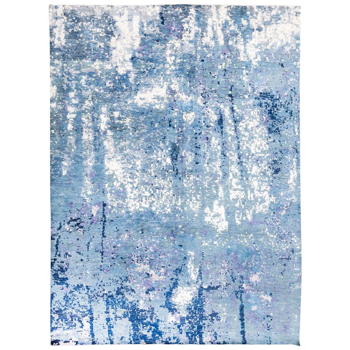 Handmade Contemporary Rug in Silk and Wool Blue Shades