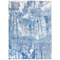 Handmade Contemporary Rug in Silk and Wool Blue Shades
