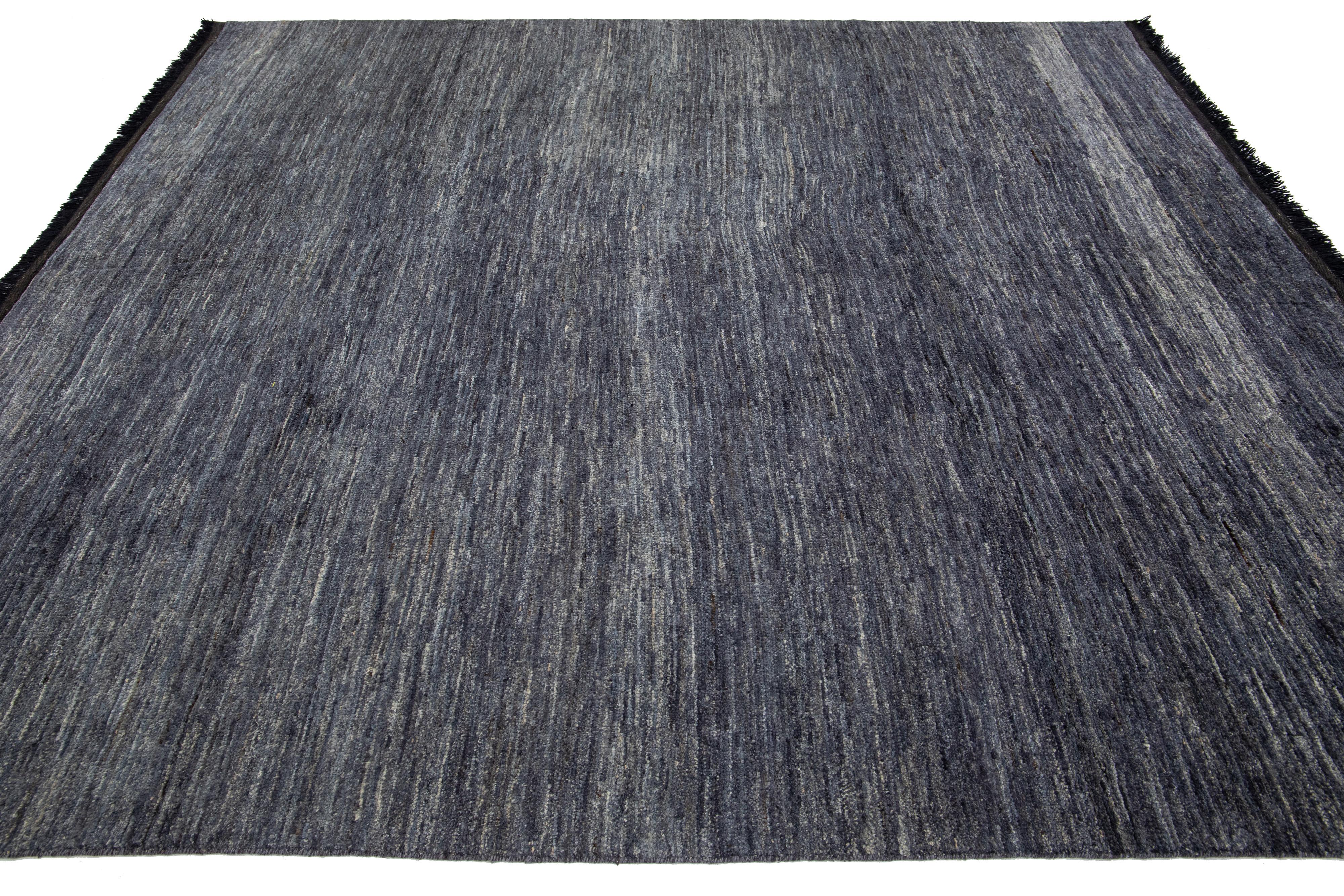 Hand-Woven Handmade Contemporary Solid Gabbeh Style Wool Rug In Gray-Charcoal Color For Sale