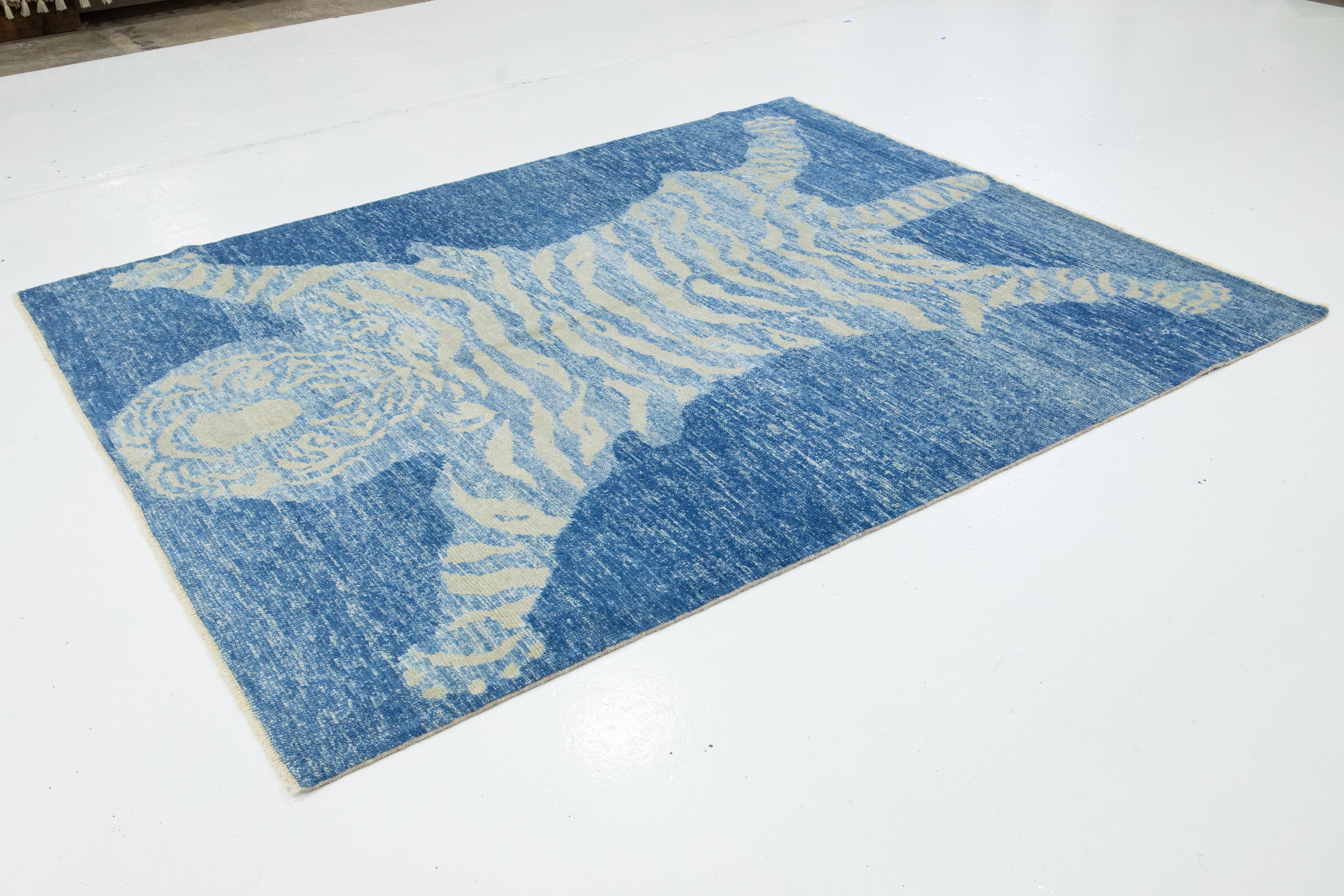 Hand-Knotted Handmade Contemporary Tiger Designed Wool Rug In Blue For Sale