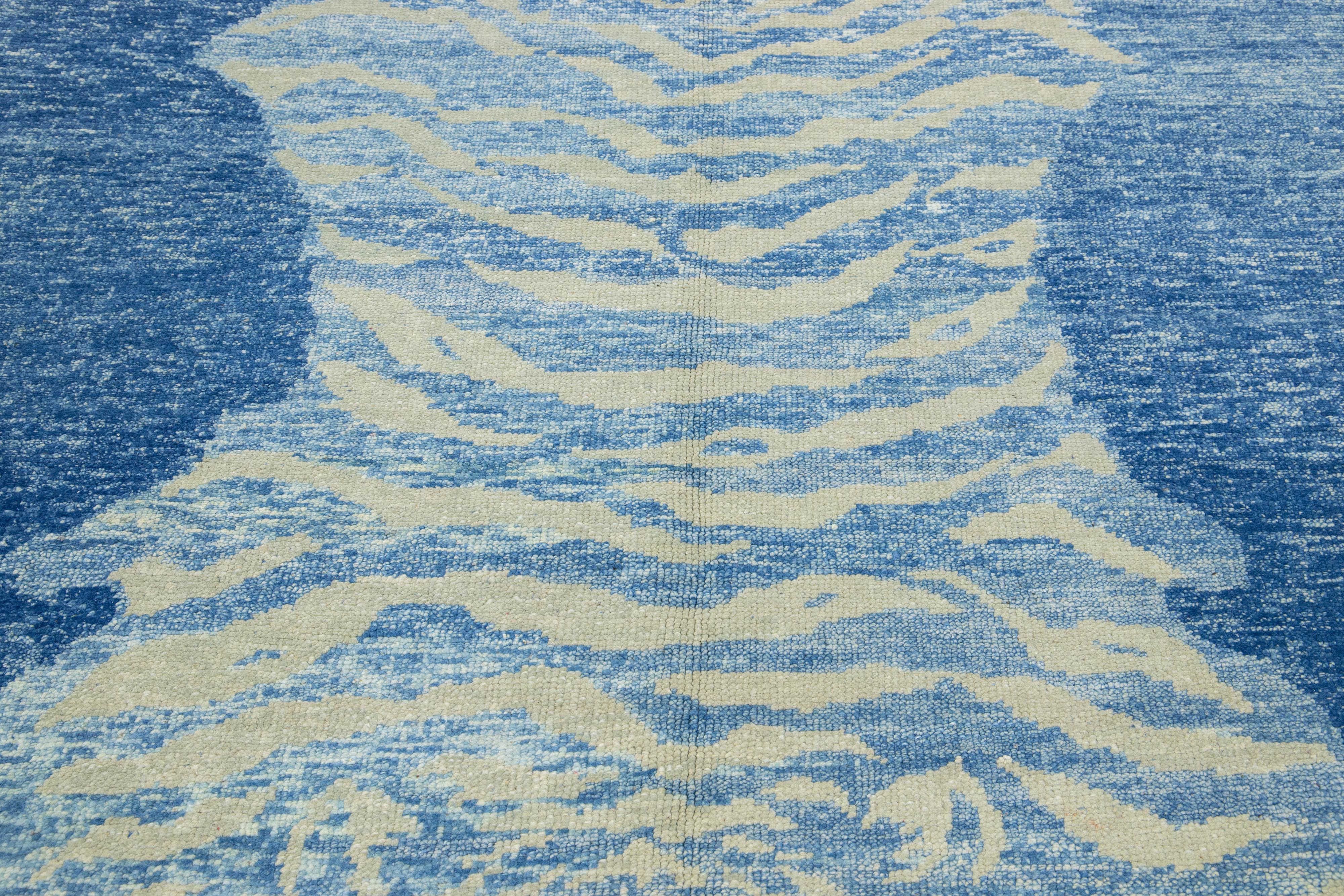 Handmade Contemporary Tiger Designed Wool Rug In Blue For Sale 2